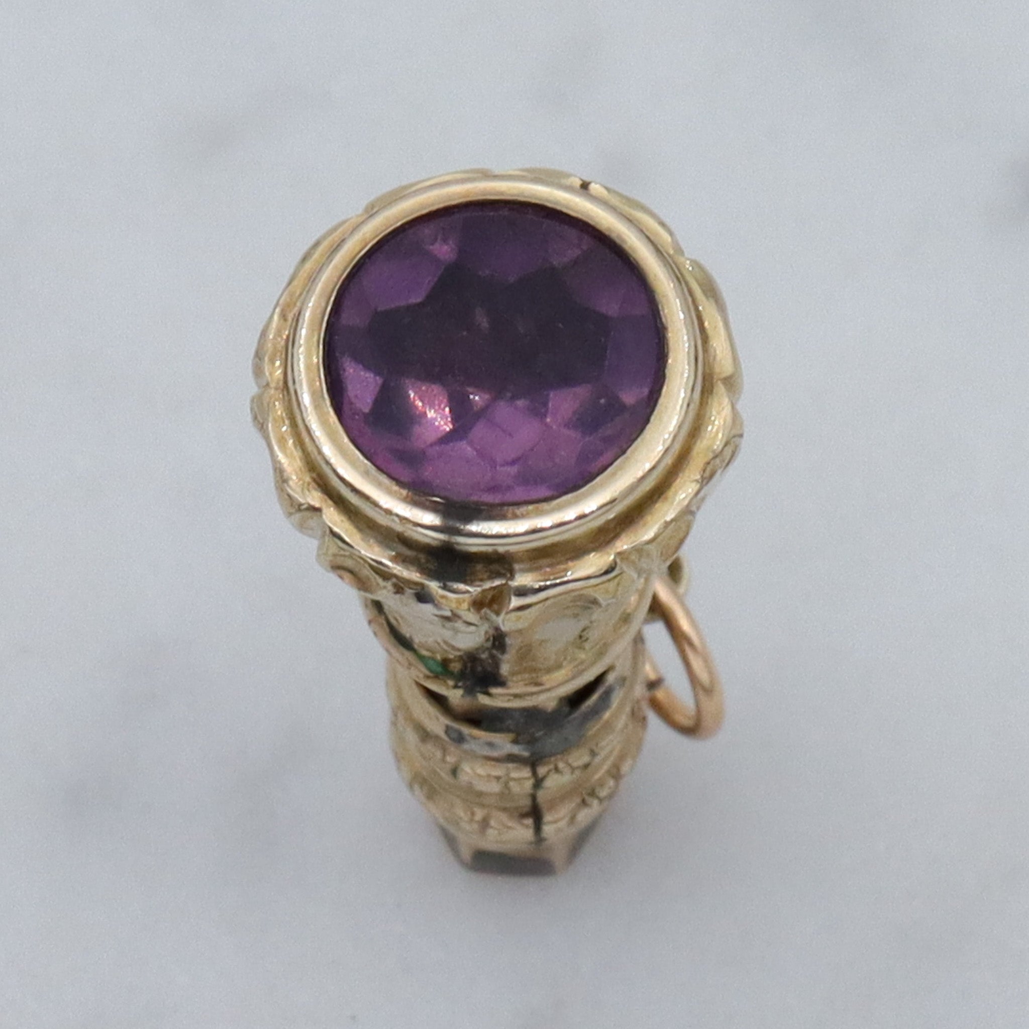 Antique Victorian repousse rolled gold & faux amethyst fob pendant