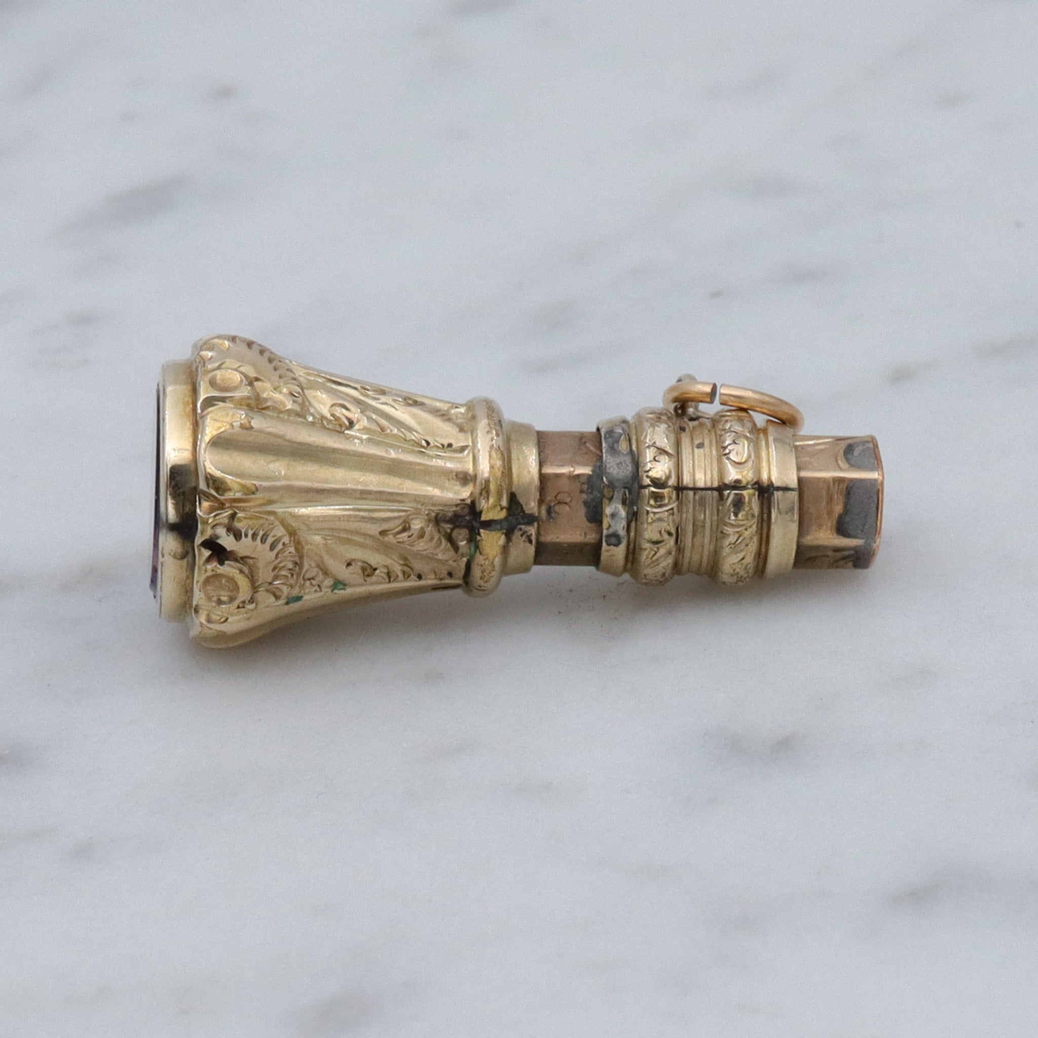 Antique Victorian repousse rolled gold & faux amethyst fob pendant