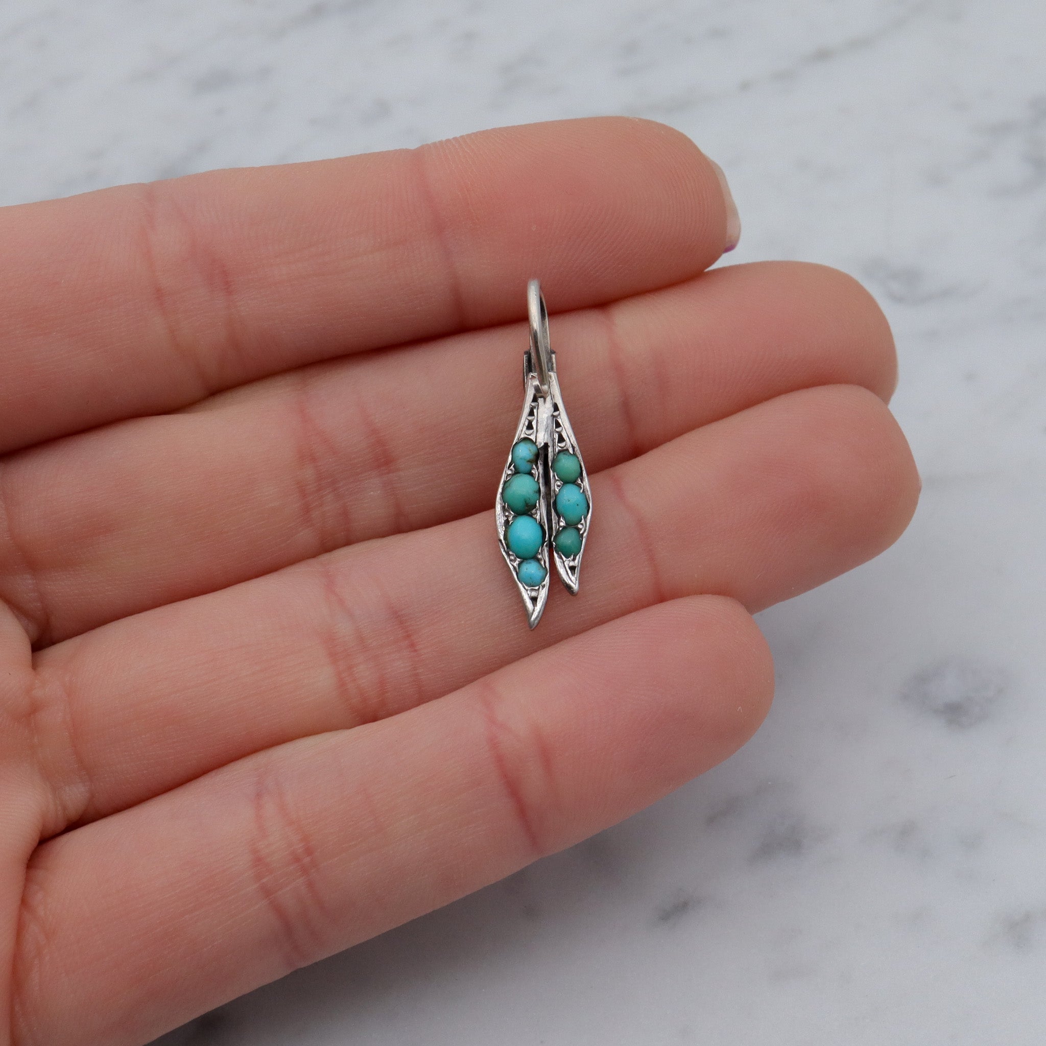 Art Deco French .800 silver & turquoise leaf drop pendant