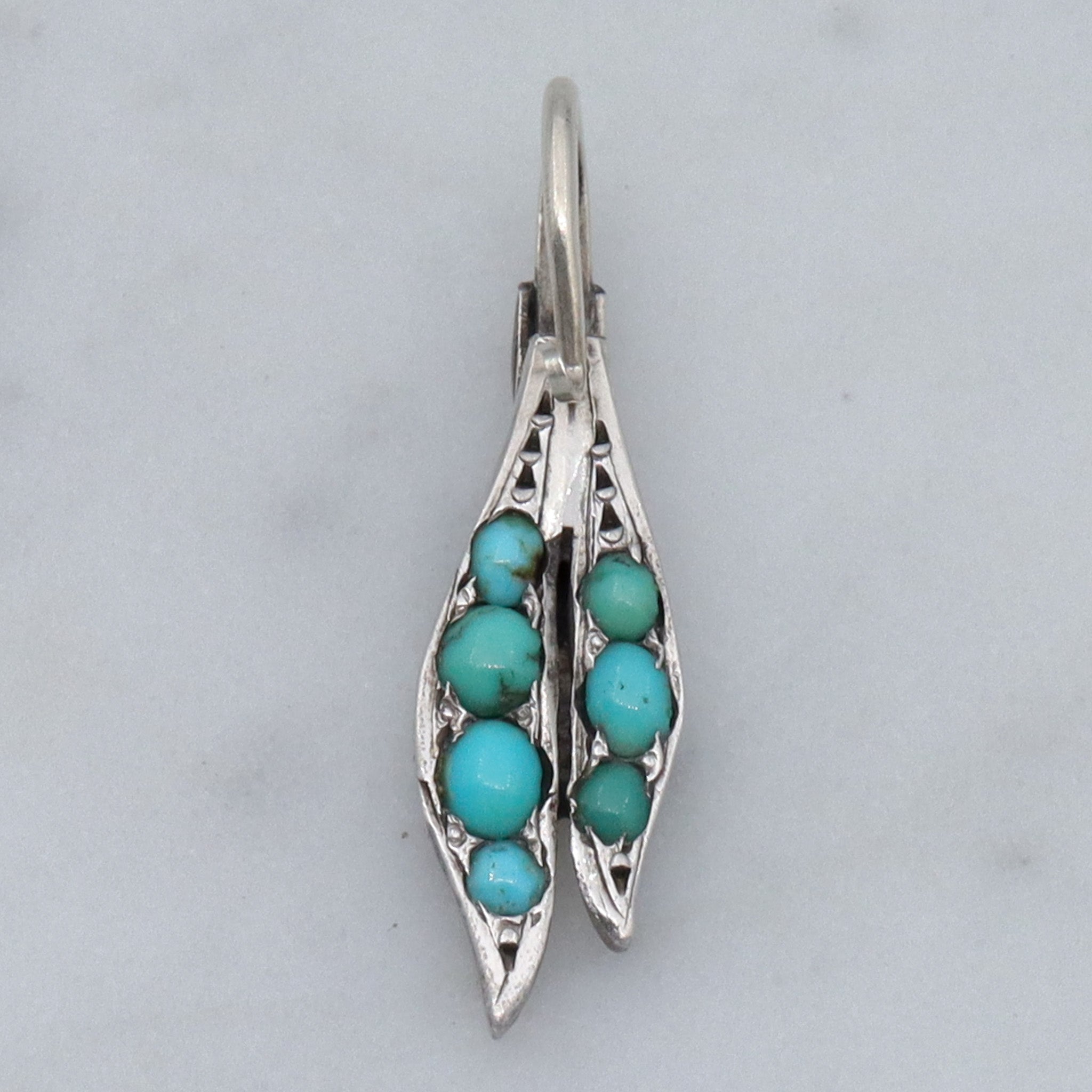 Art Deco French .800 silver & turquoise leaf drop pendant