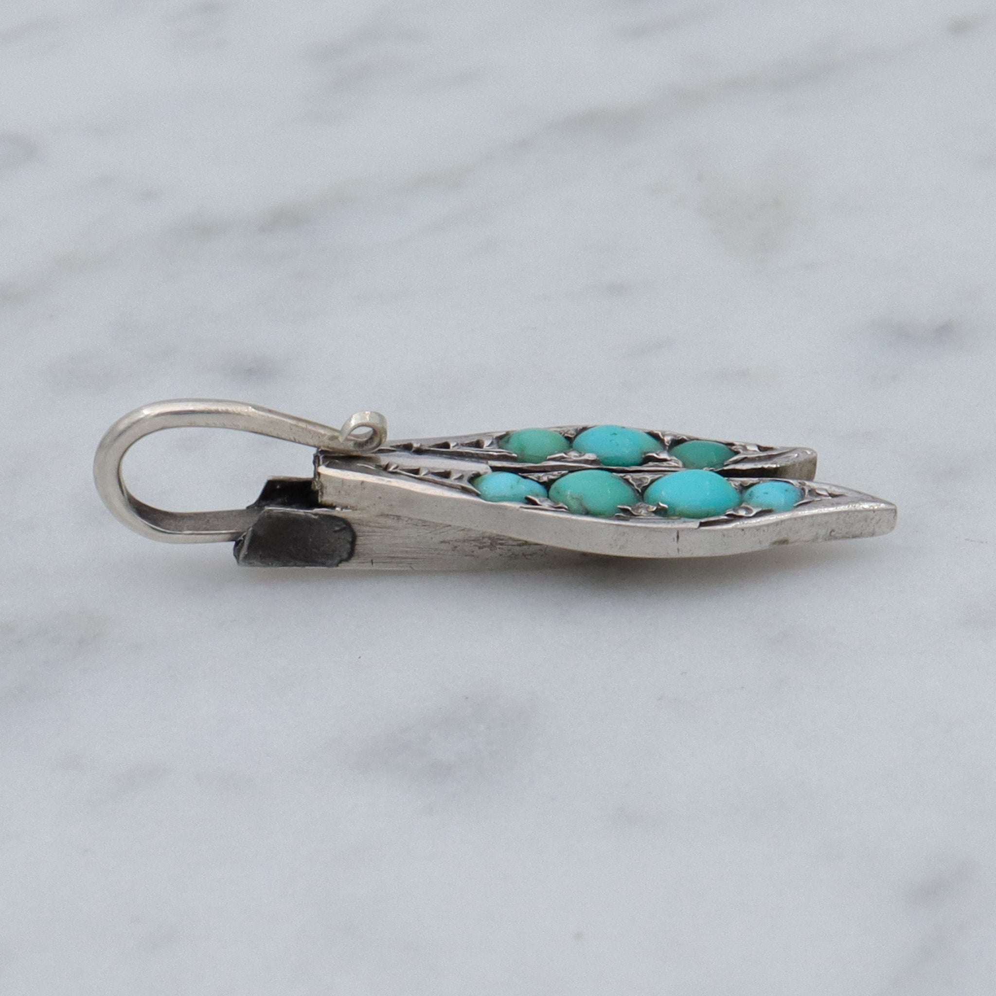 Art Deco French .800 silver & turquoise leaf drop pendant