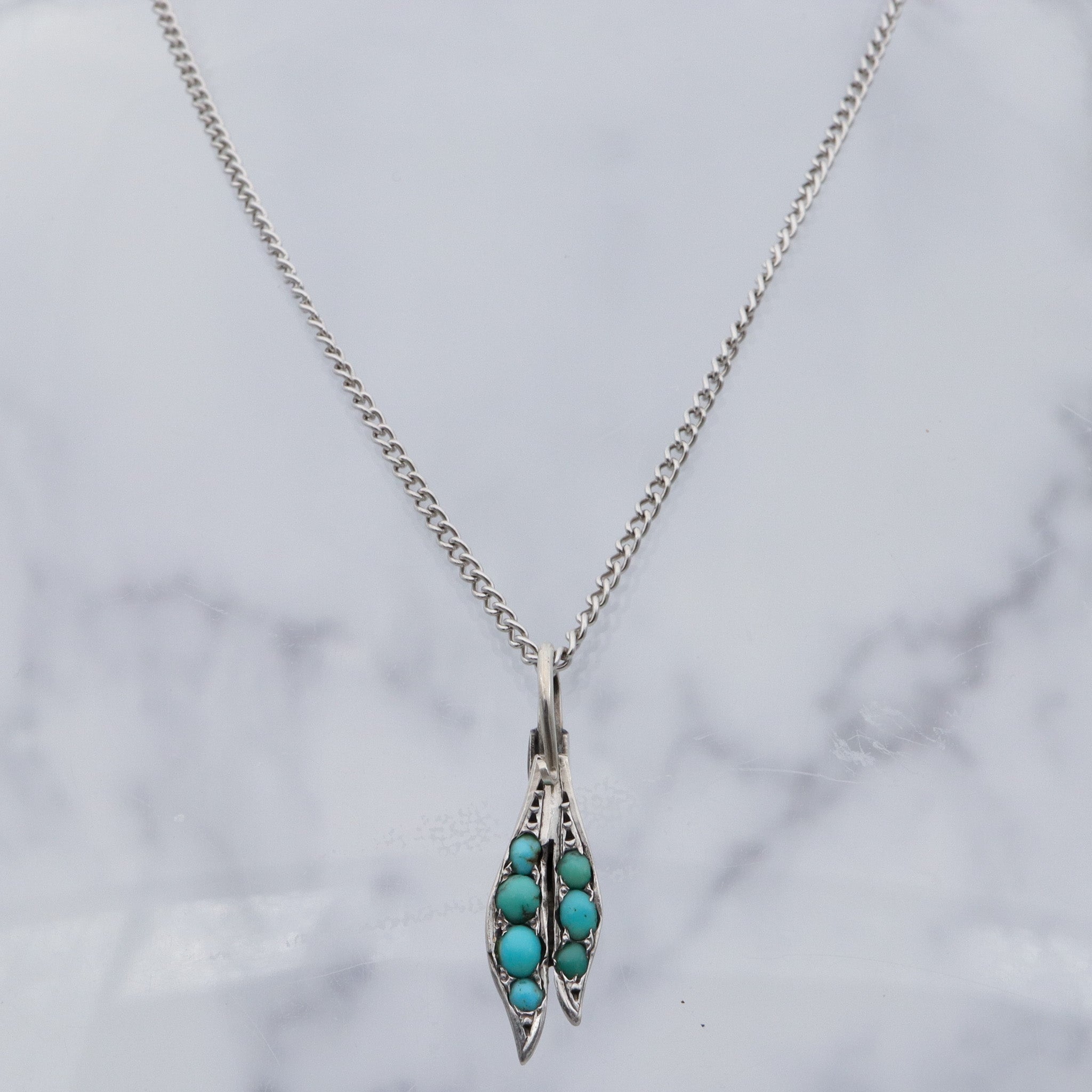 Art Deco French .800 silver & turquoise leaf drop pendant