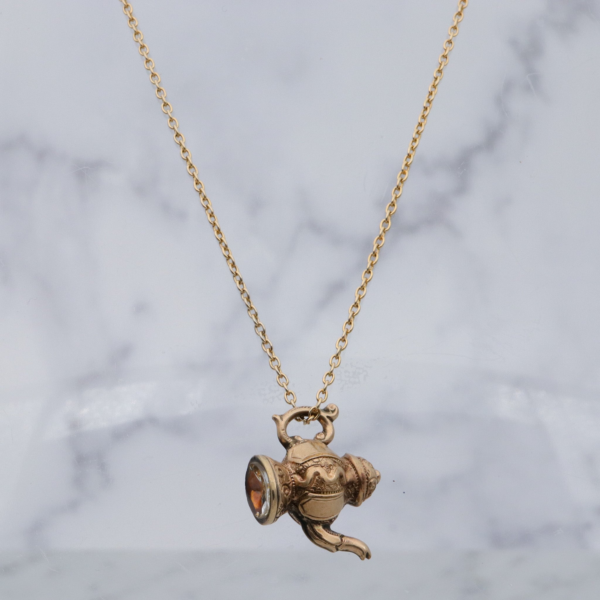 Antique Victorian repousse rolled gold & citrine figural teapot fob pendant