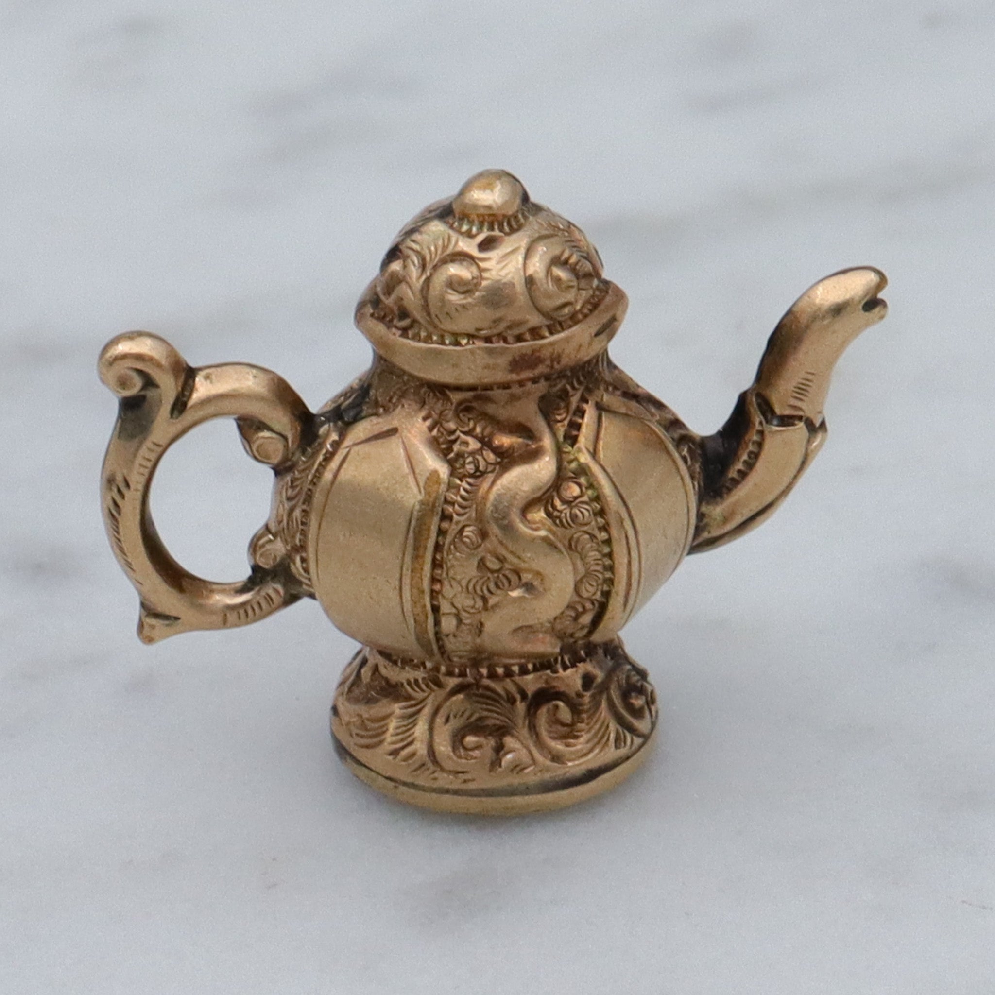 Antique Victorian repousse rolled gold & citrine figural teapot fob pendant