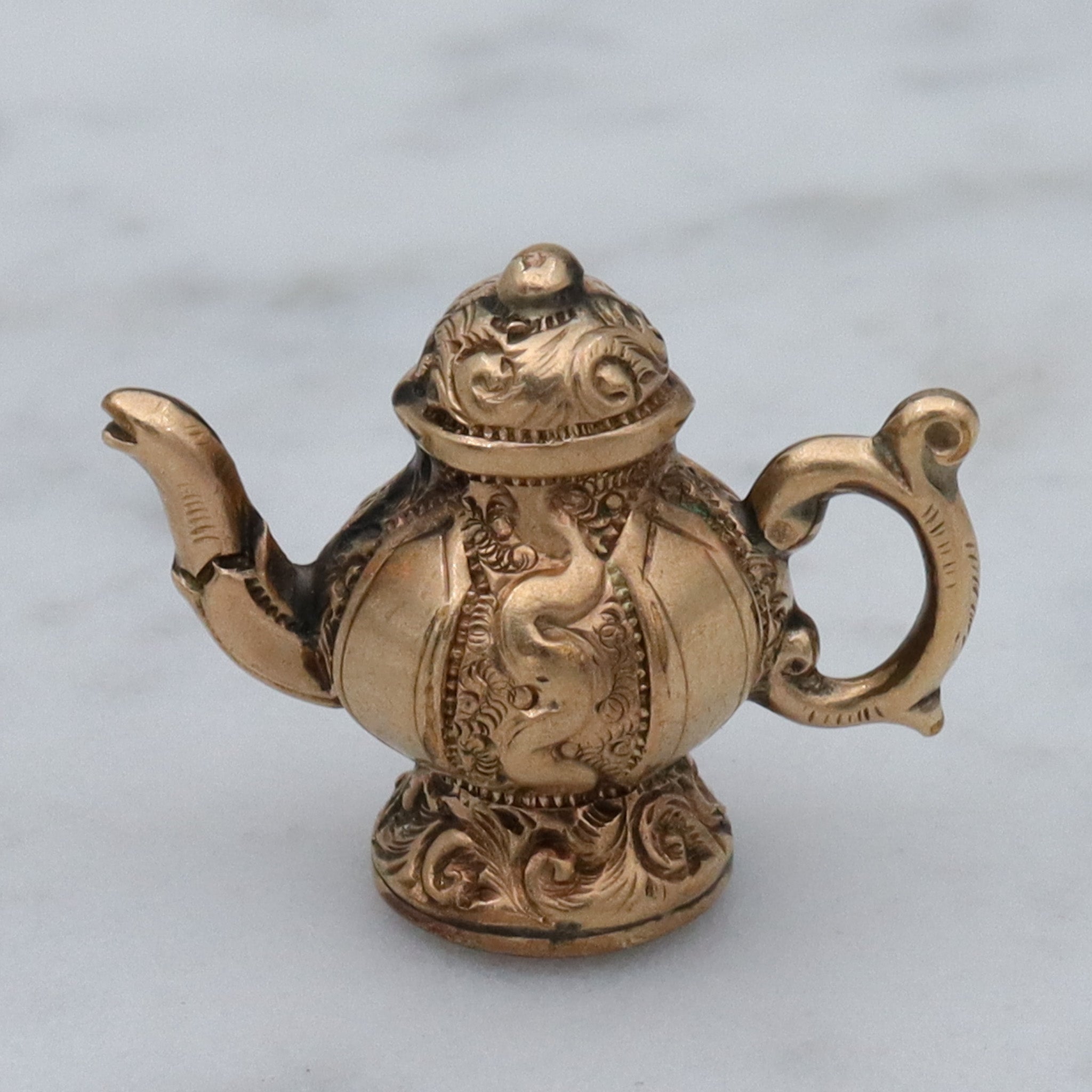 Antique Victorian repousse rolled gold & citrine figural teapot fob pendant