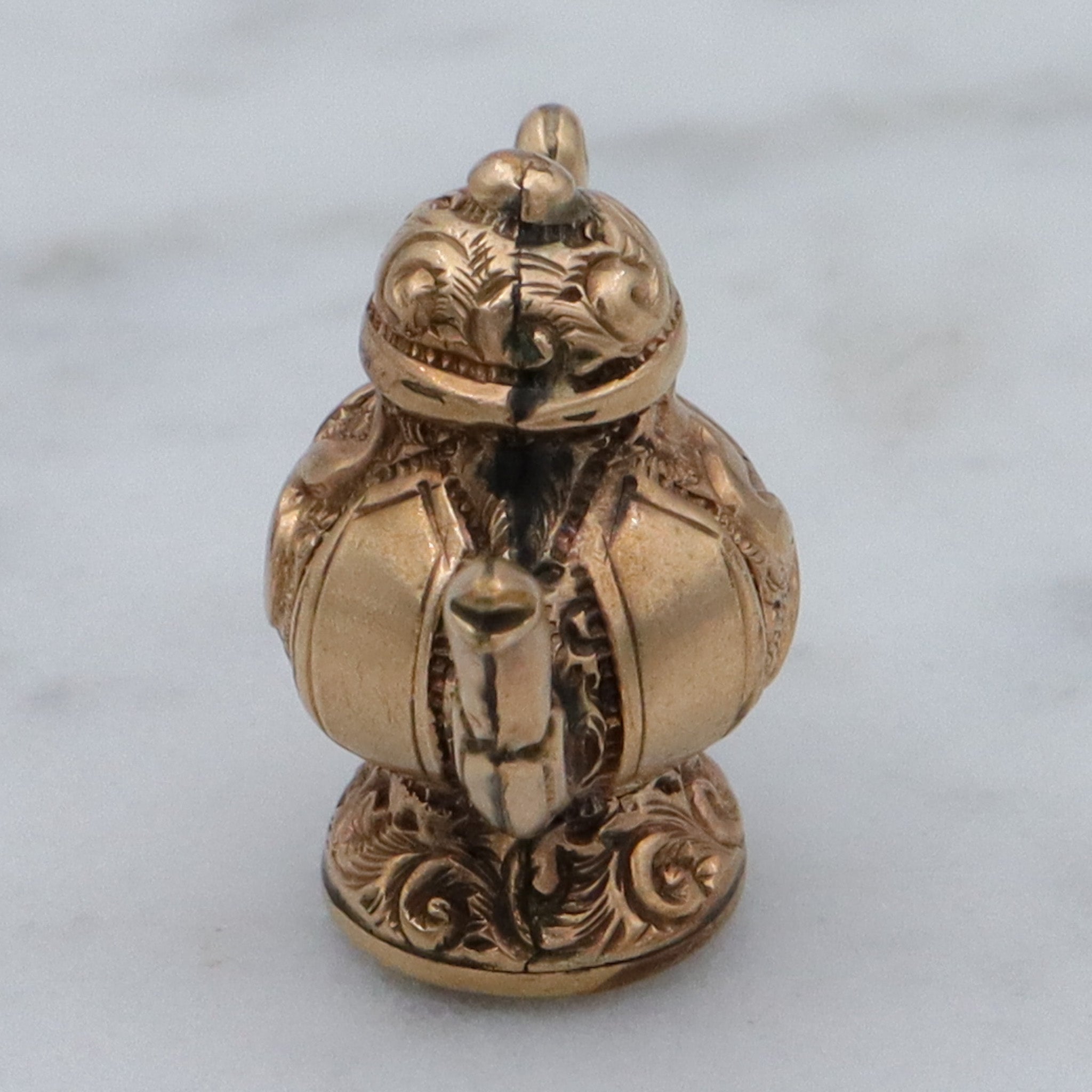 Antique Victorian repousse rolled gold & citrine figural teapot fob pendant