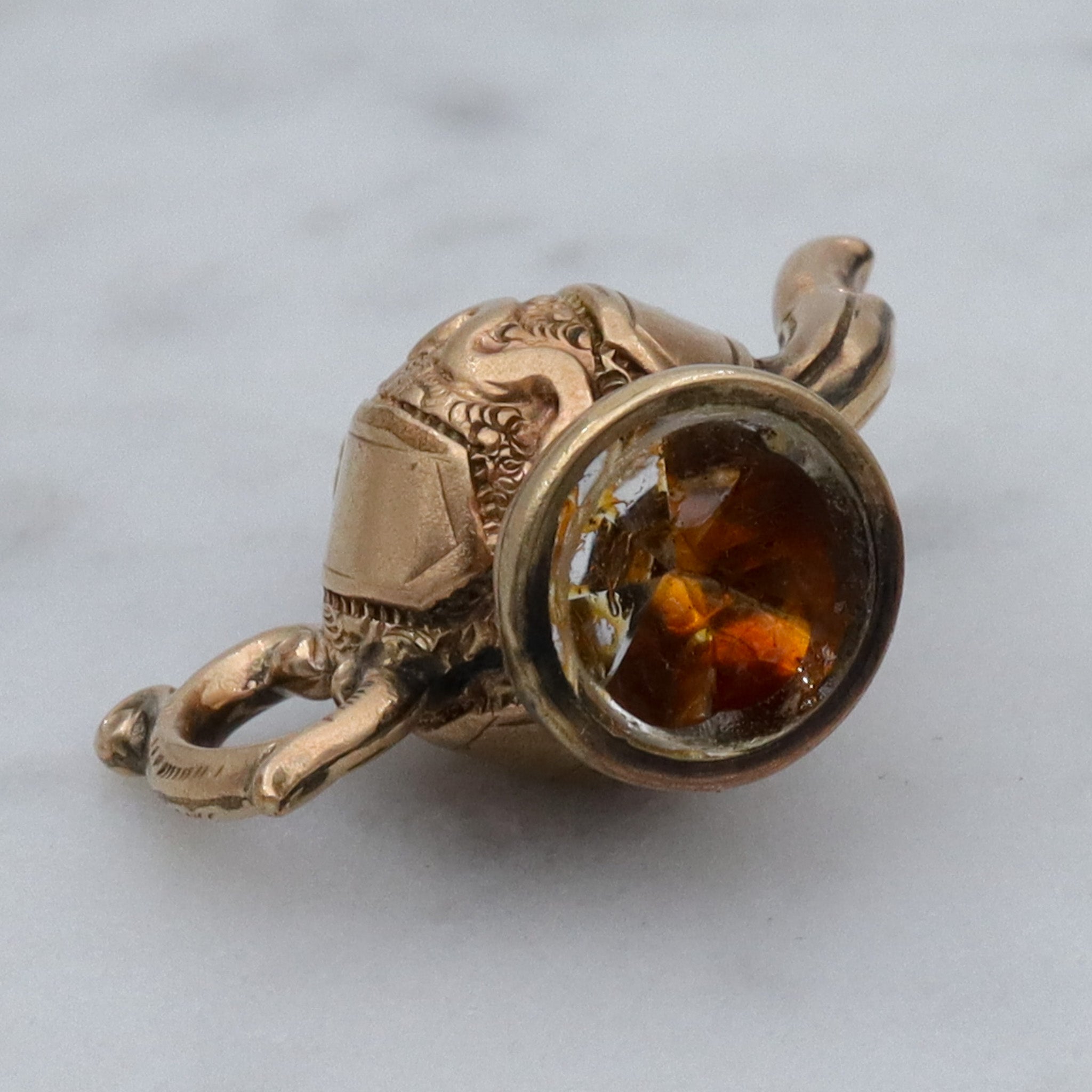Antique Victorian repousse rolled gold & citrine figural teapot fob pendant