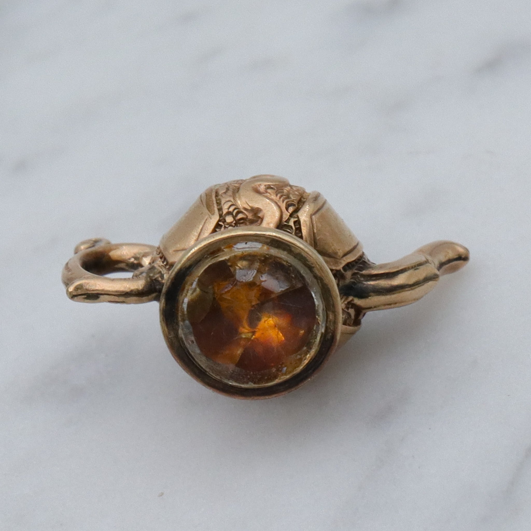 Antique Victorian repousse rolled gold & citrine figural teapot fob pendant