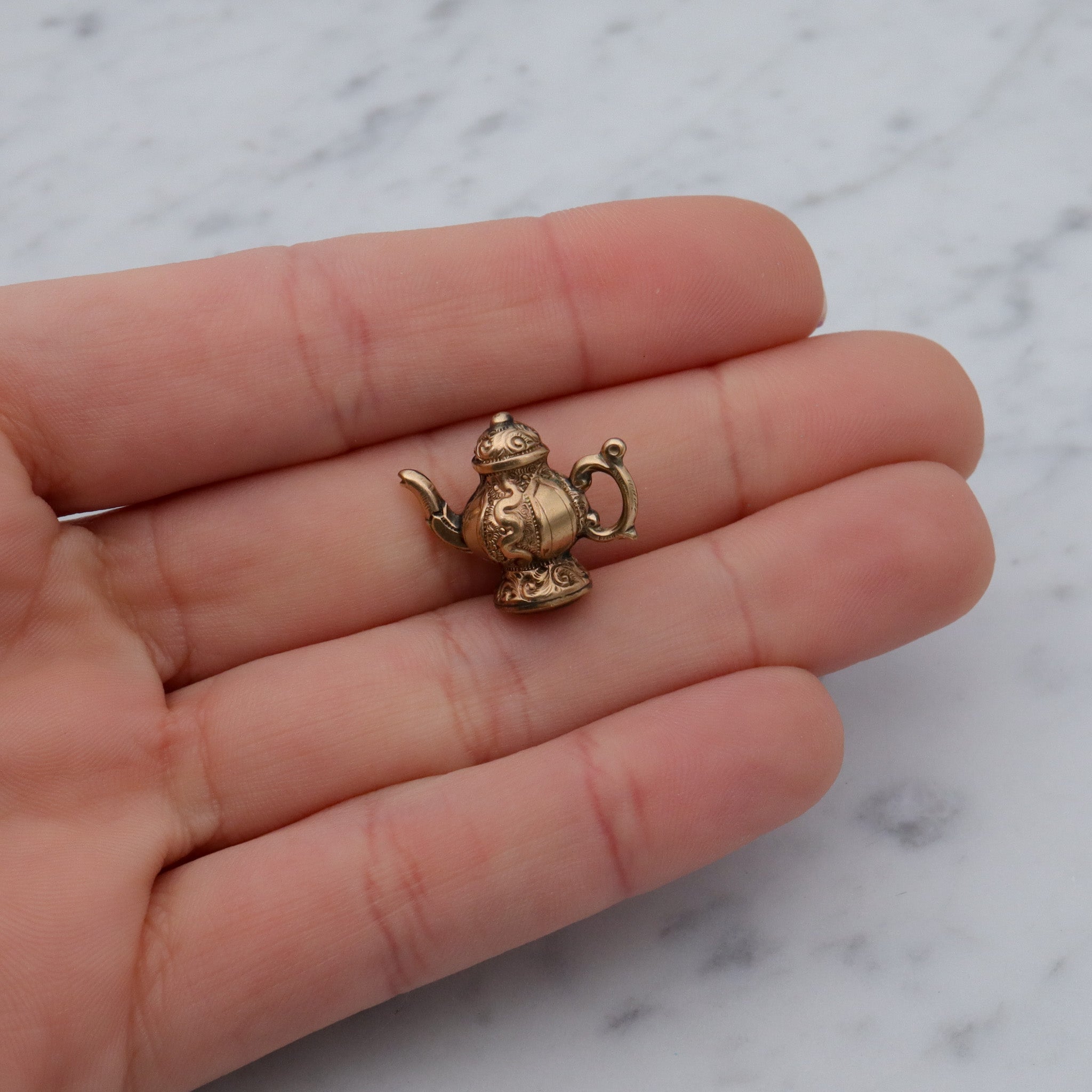 Antique Victorian repousse rolled gold & citrine figural teapot fob pendant