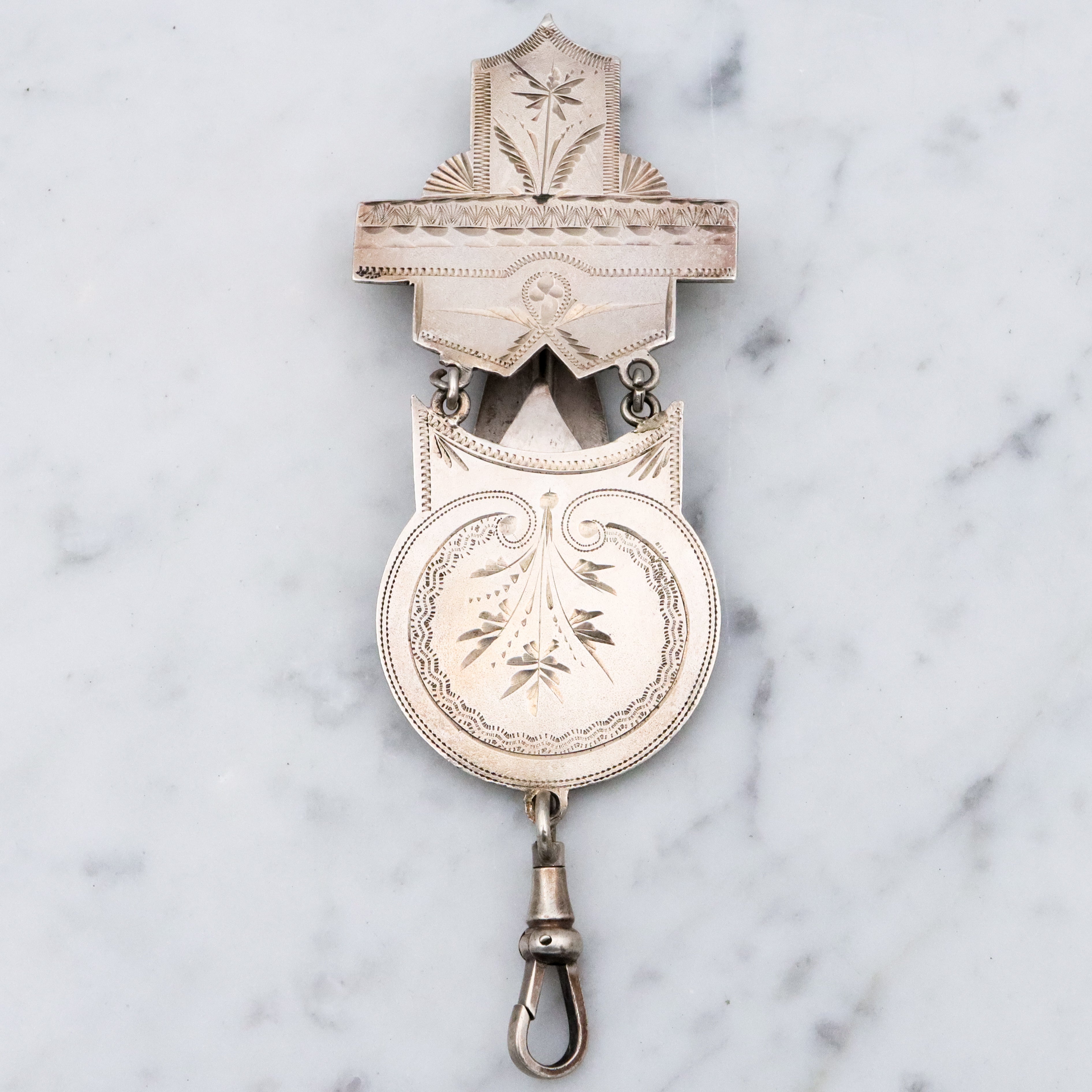 Antique Aesthetic Period engraved sterling chatelaine clip