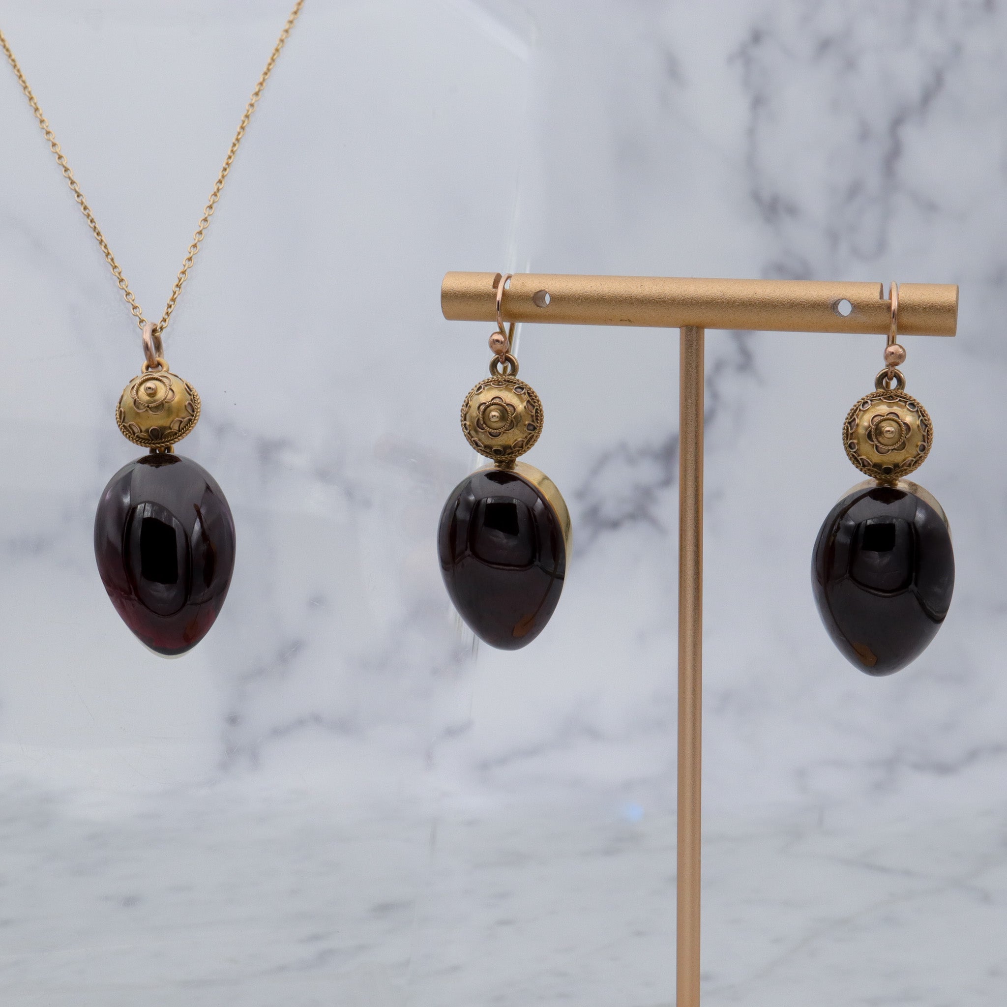 Antique Victorian Etruscan Revival 14k gold teardrop garnet drop earrings with locket backs