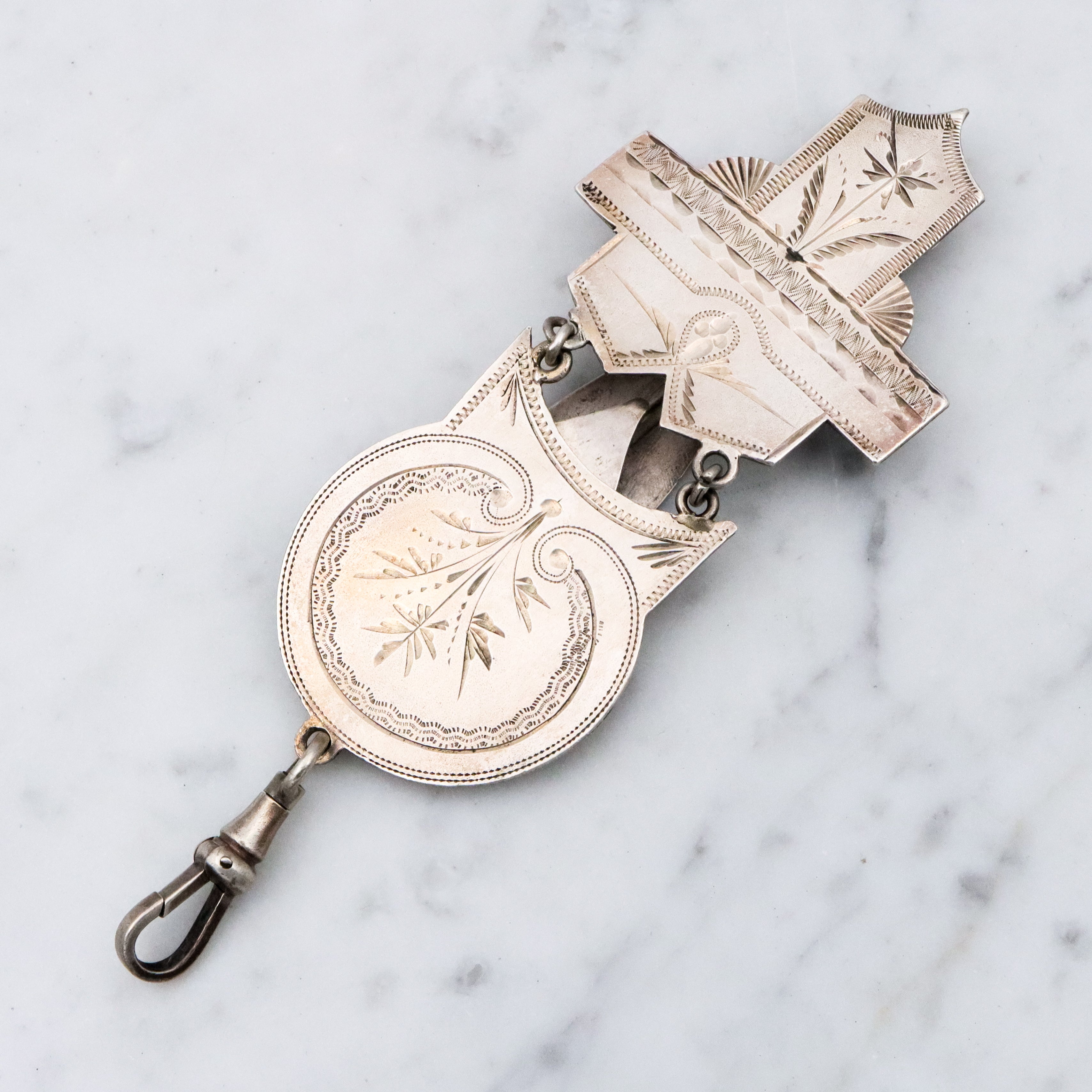 Antique Aesthetic Period engraved sterling chatelaine clip