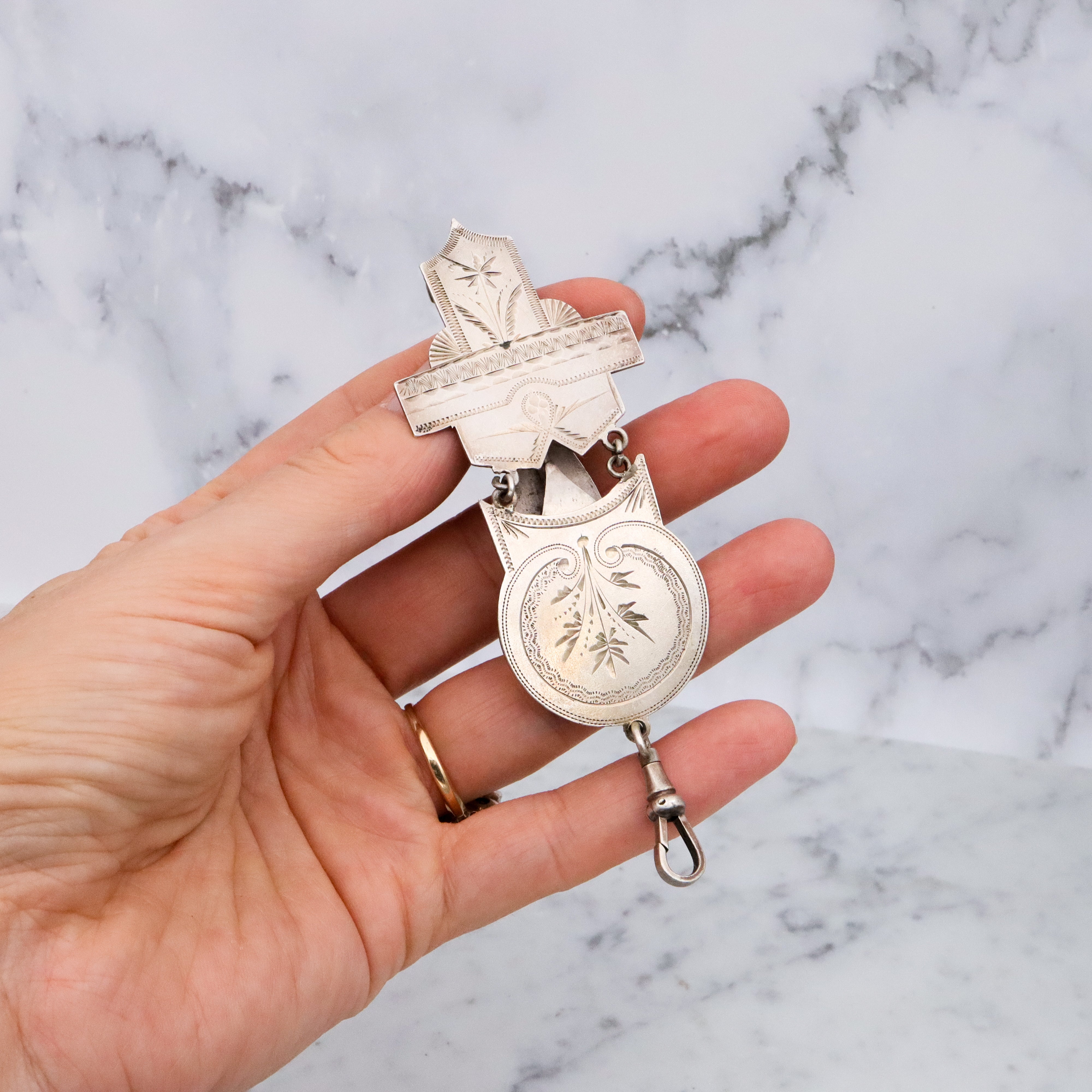 Antique Aesthetic Period engraved sterling chatelaine clip