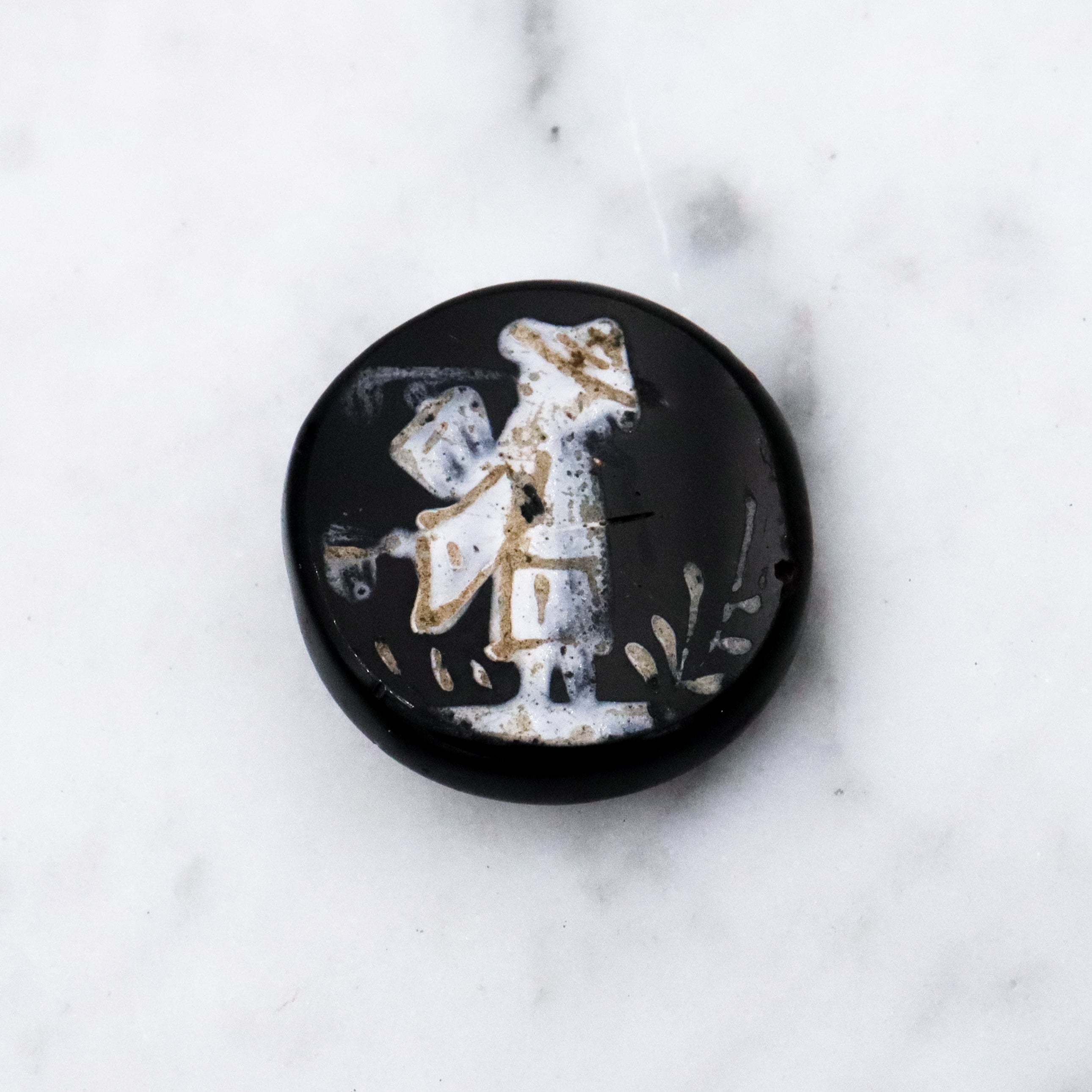 Antique Victorian black glass Orientalist painted picture button