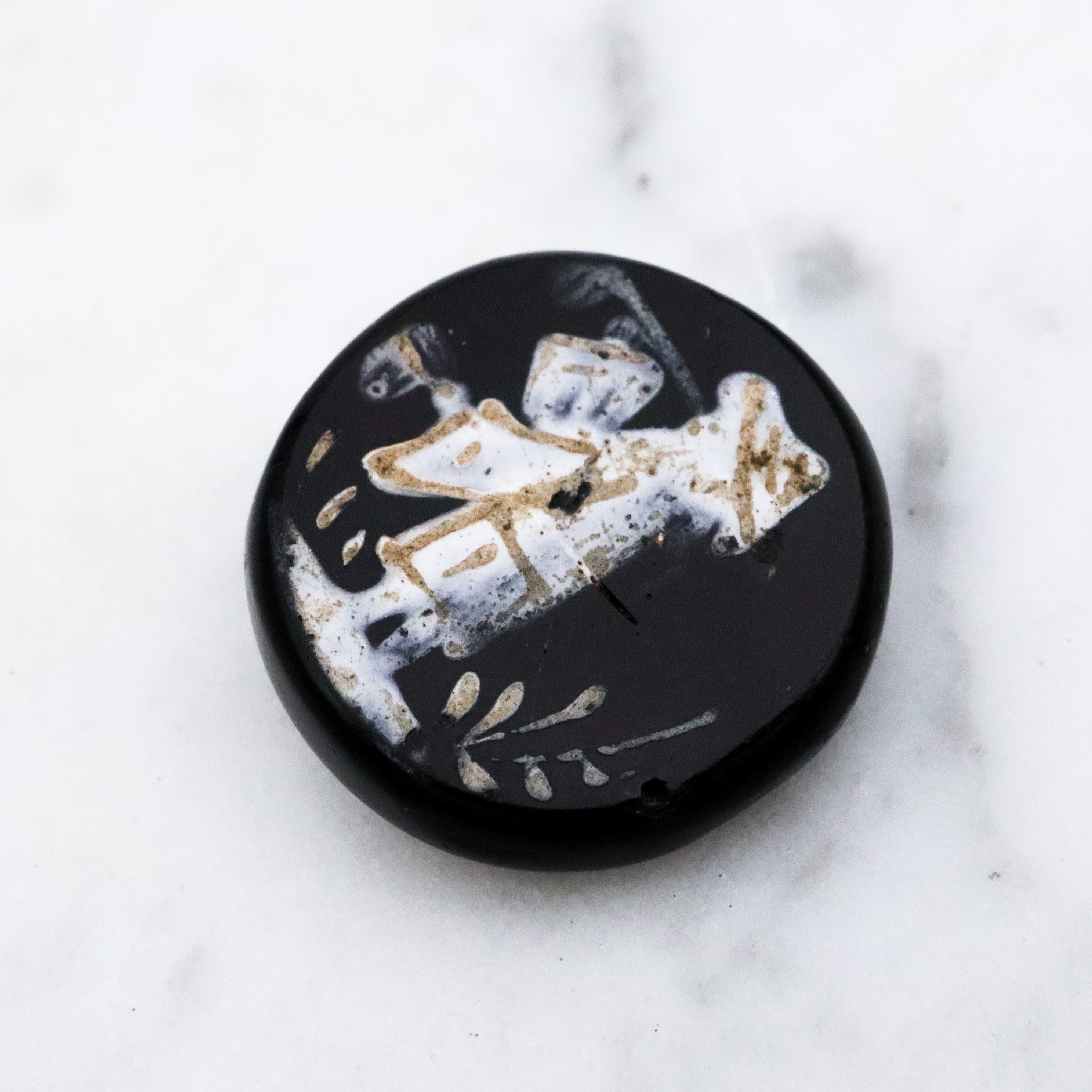 Antique Victorian black glass Orientalist painted picture button