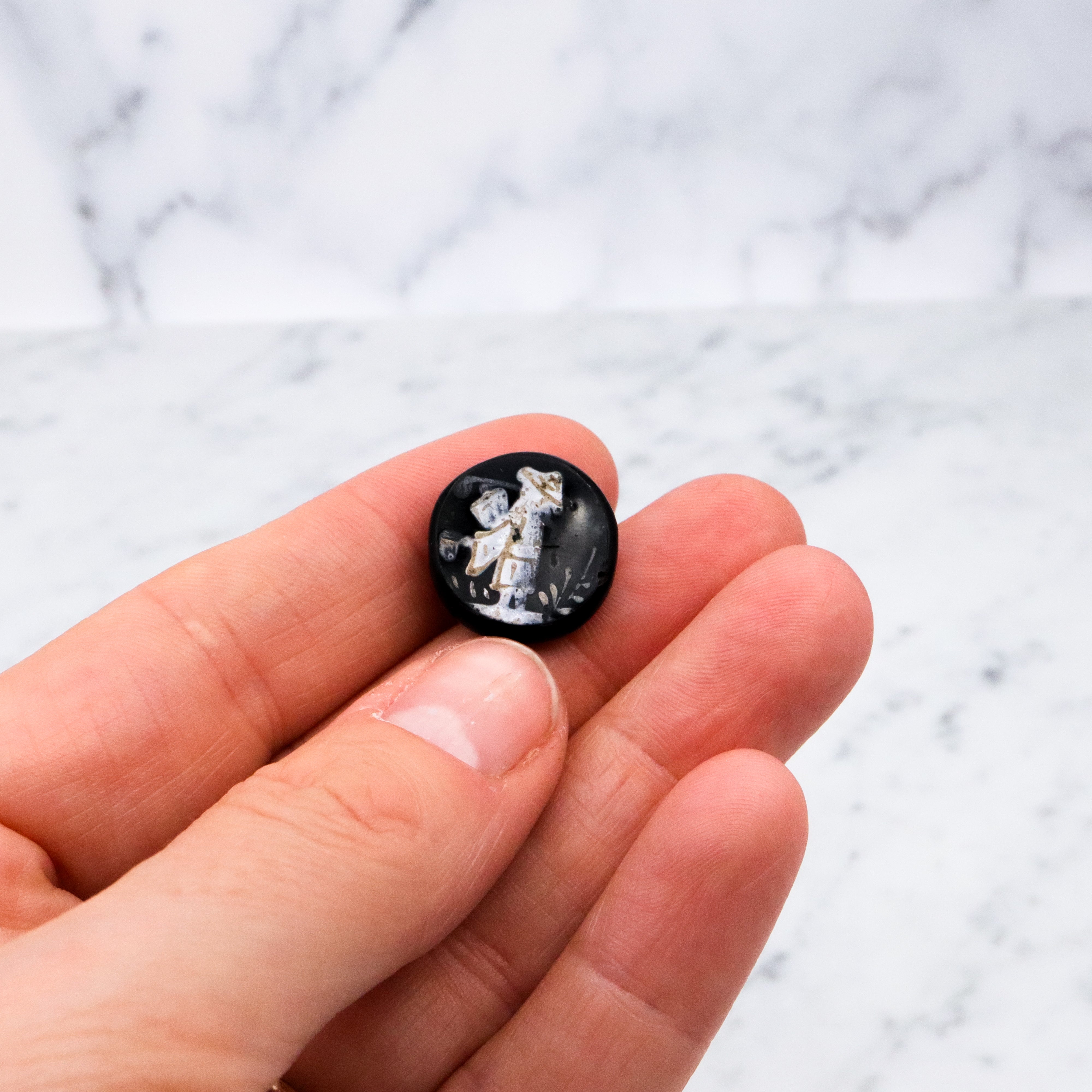 Antique Victorian black glass Orientalist painted picture button