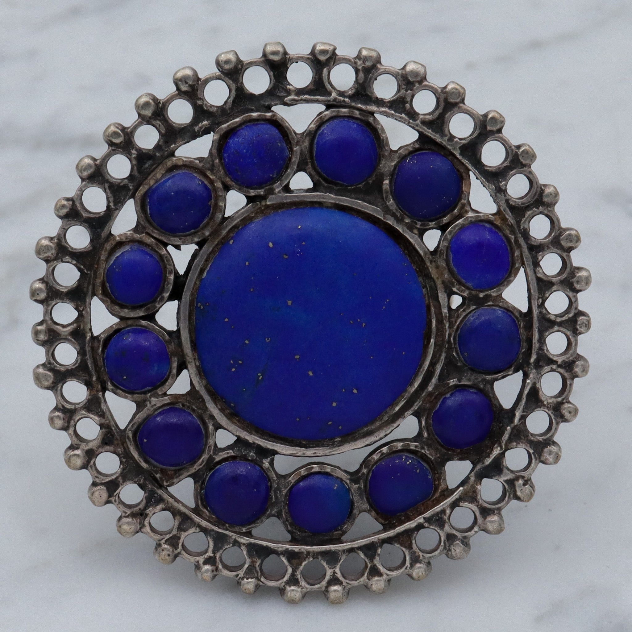 Massive Antique tribal silver lapis disc ring, sz 10.5