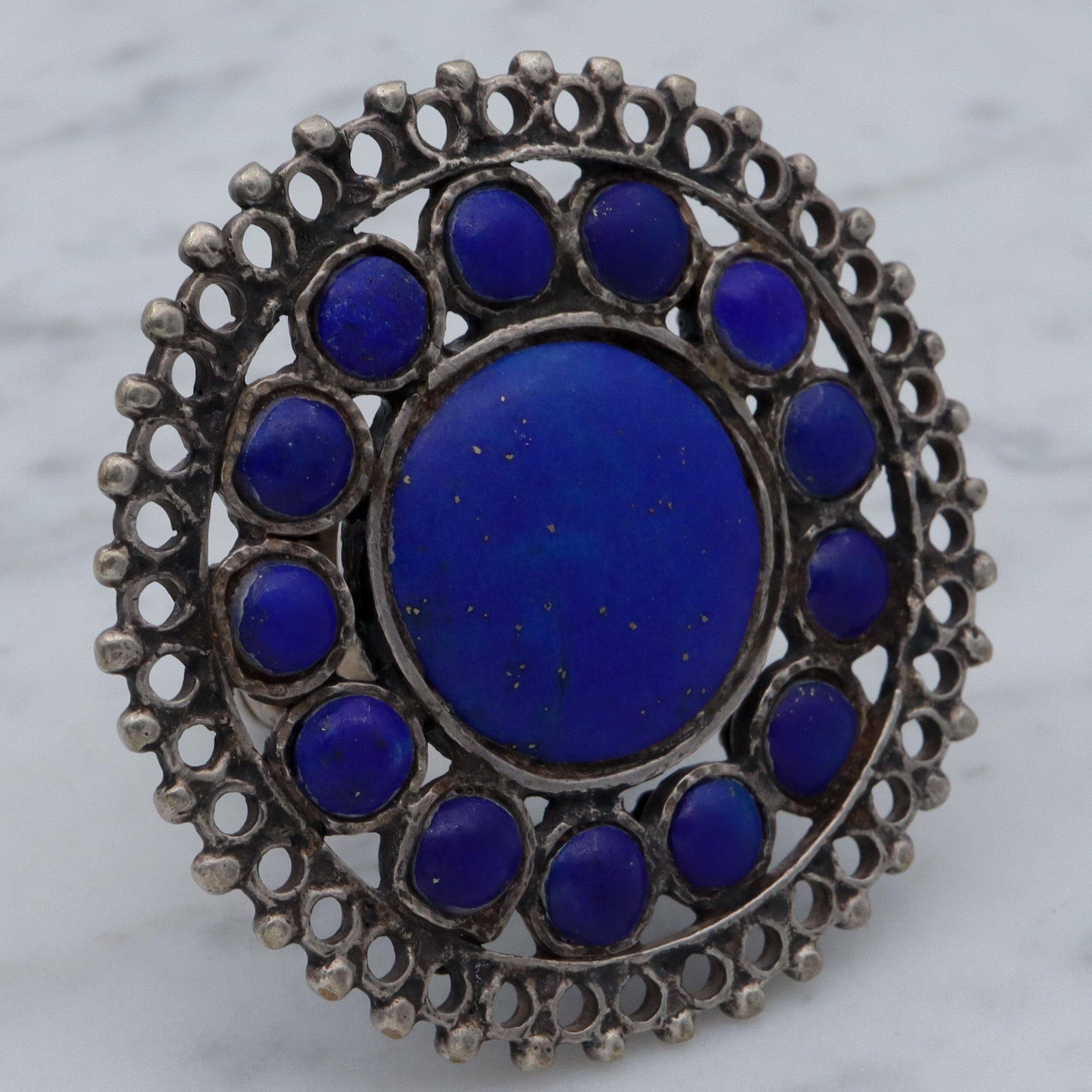 Massive Antique tribal silver lapis disc ring, sz 10.5