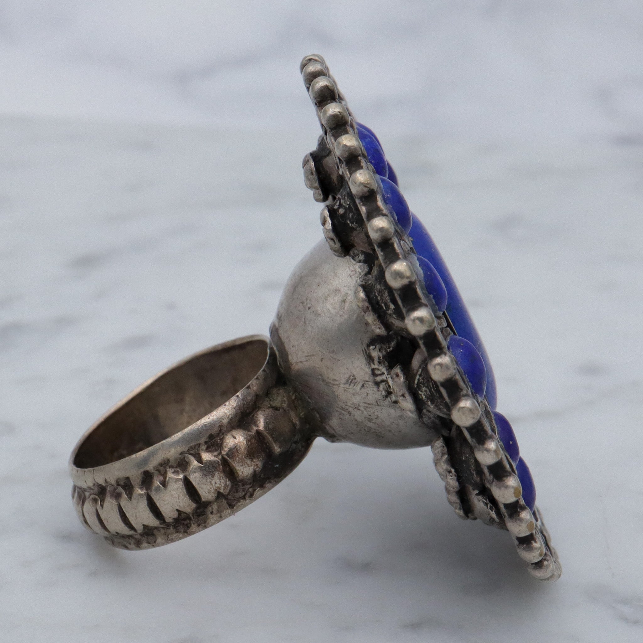 Massive Antique tribal silver lapis disc ring, sz 10.5