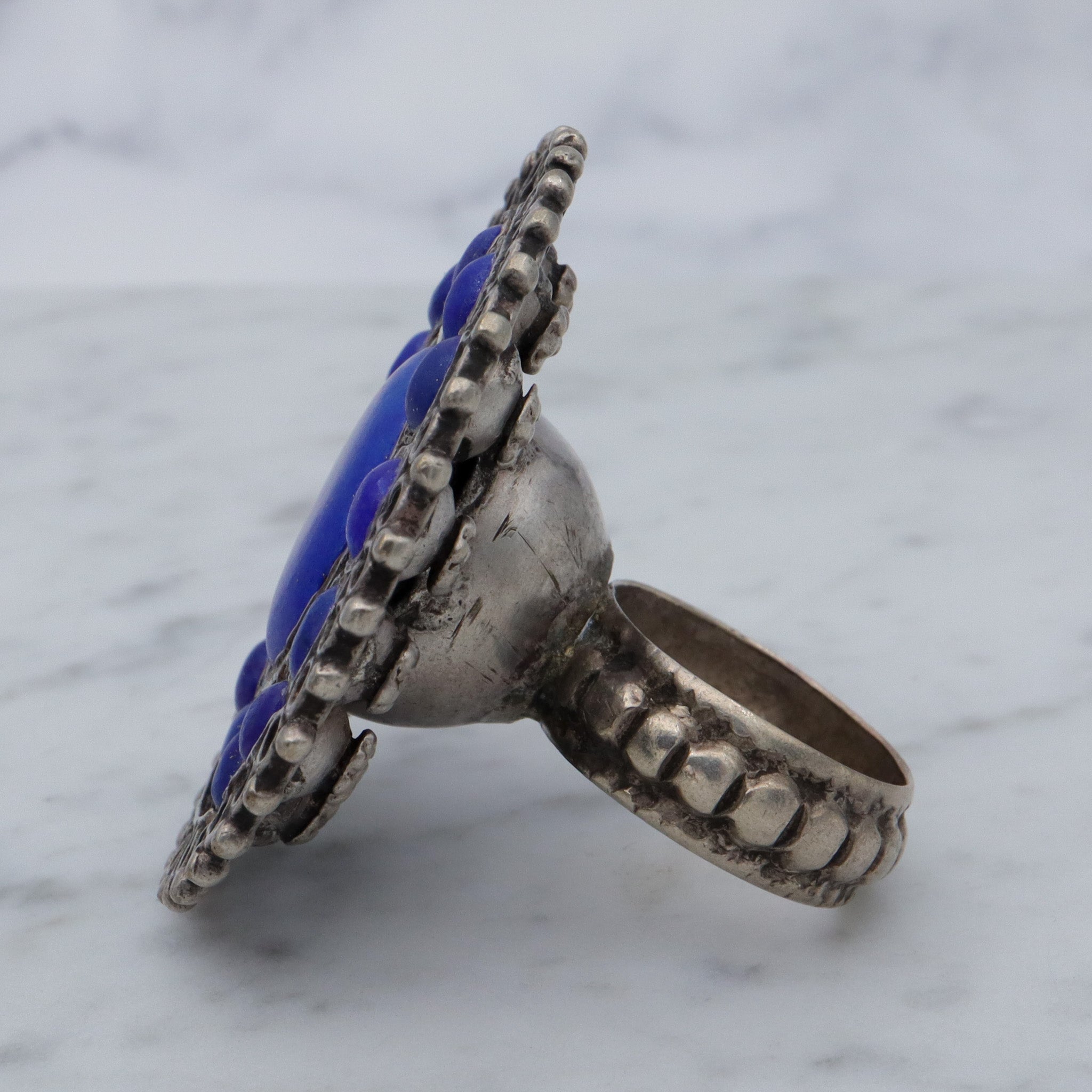 Massive Antique tribal silver lapis disc ring, sz 10.5