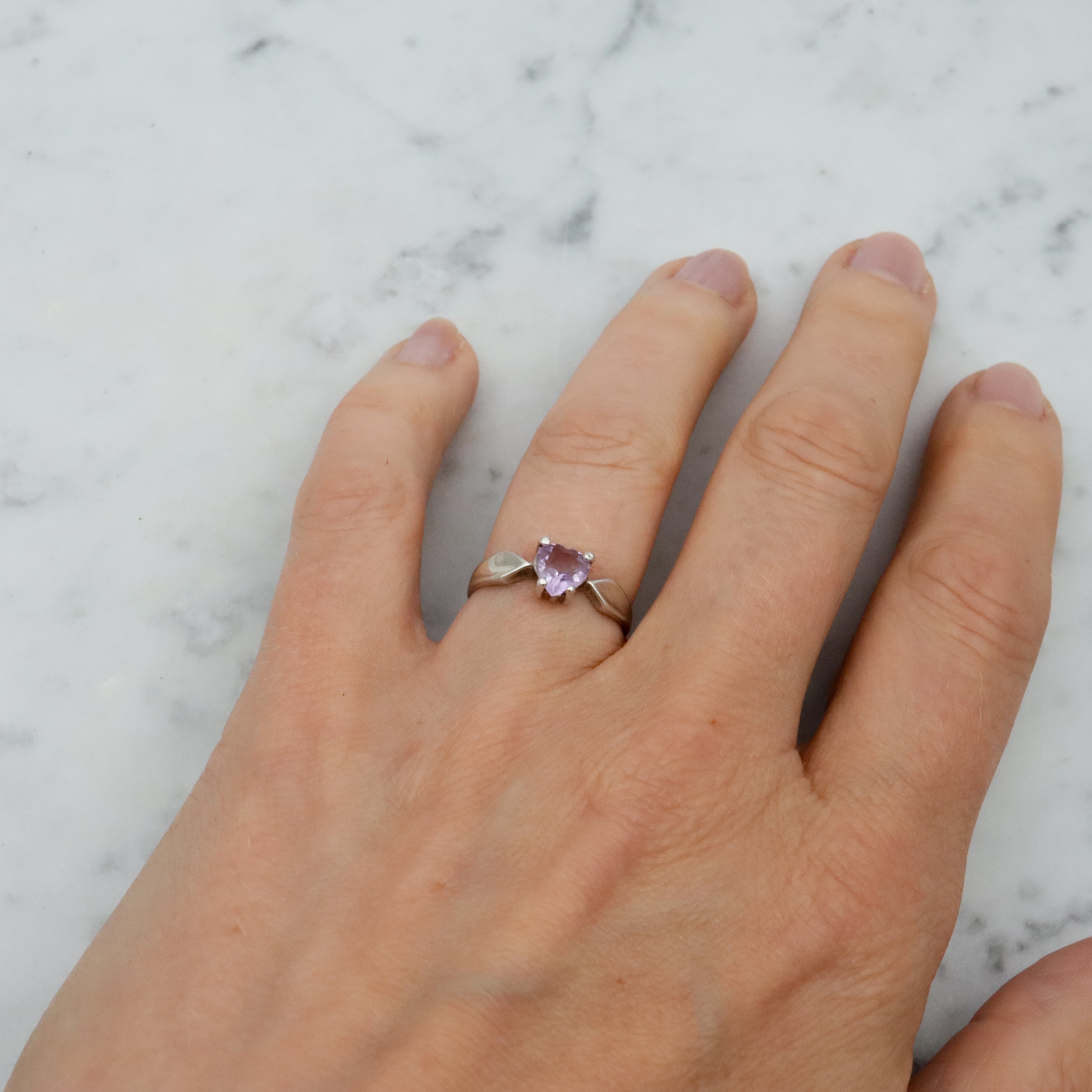 Vintage sterling heart cut amethyst ring, size 6