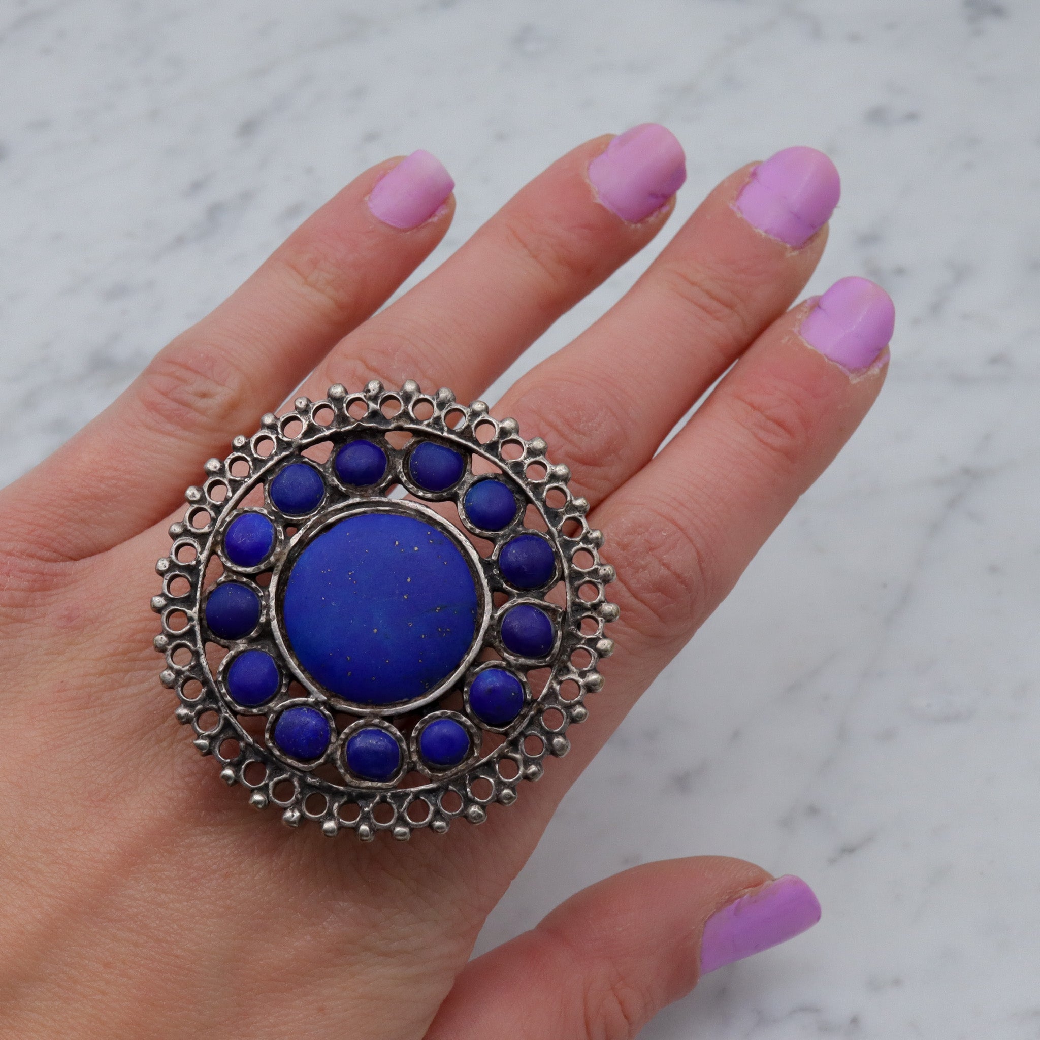 Massive Antique tribal silver lapis disc ring, sz 10.5
