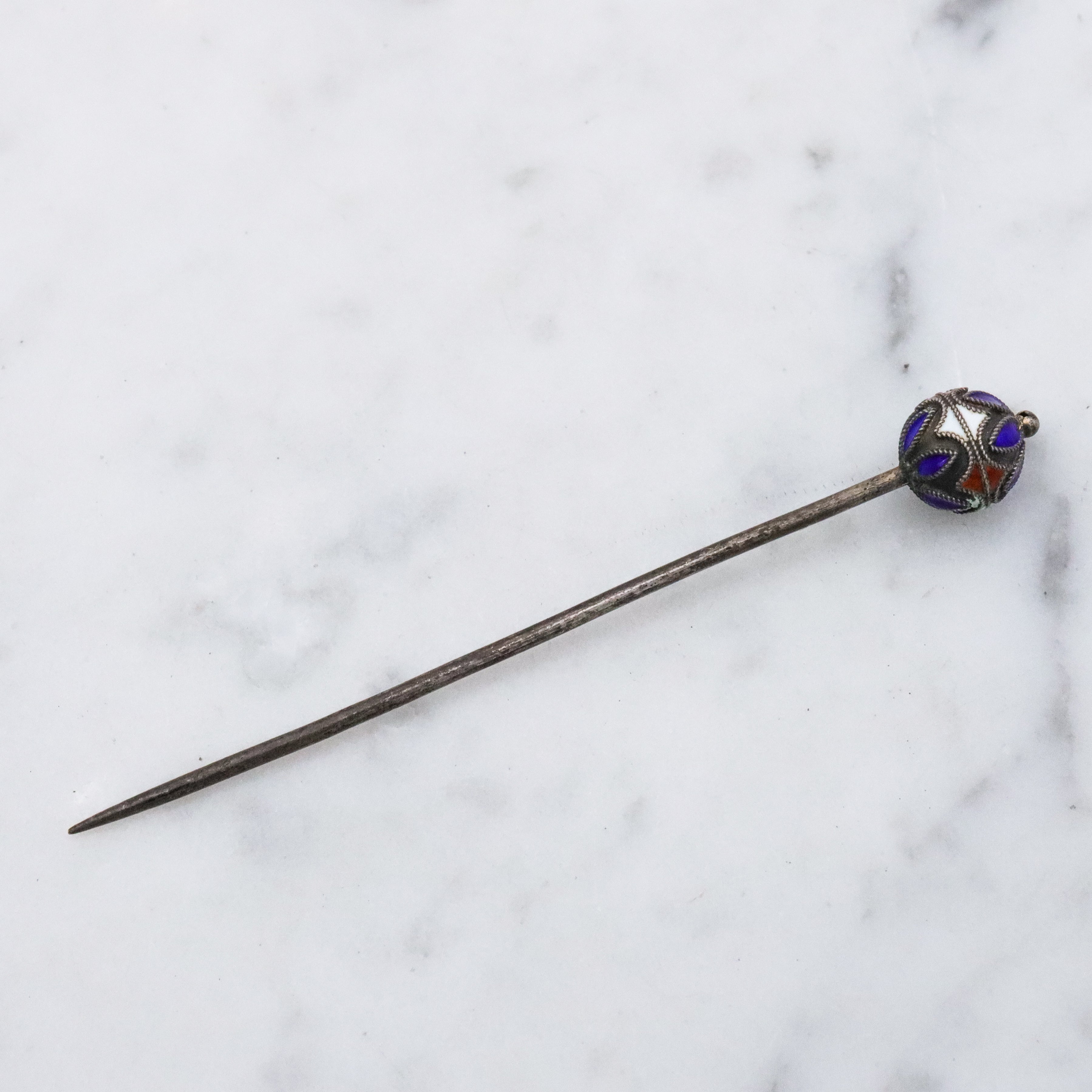 Antique Chinese silver enamel bead stick pin