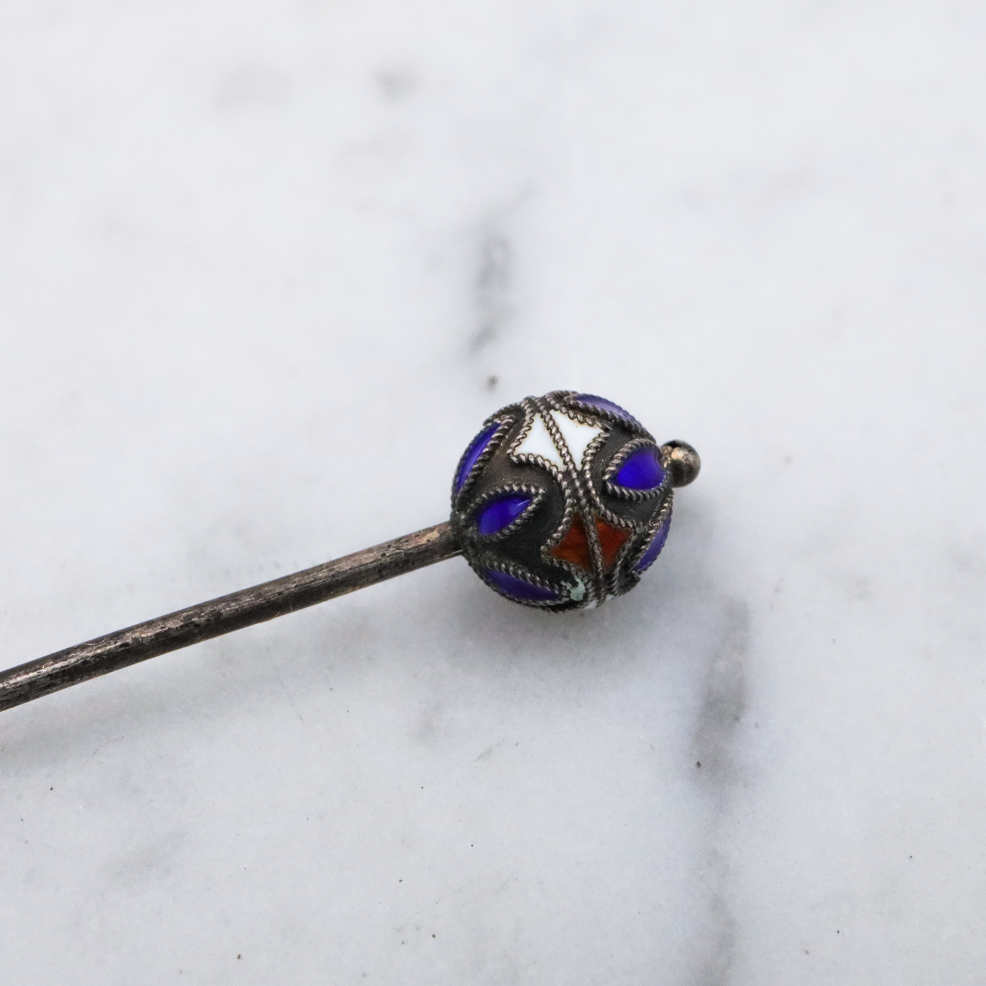 Antique Chinese silver enamel bead stick pin