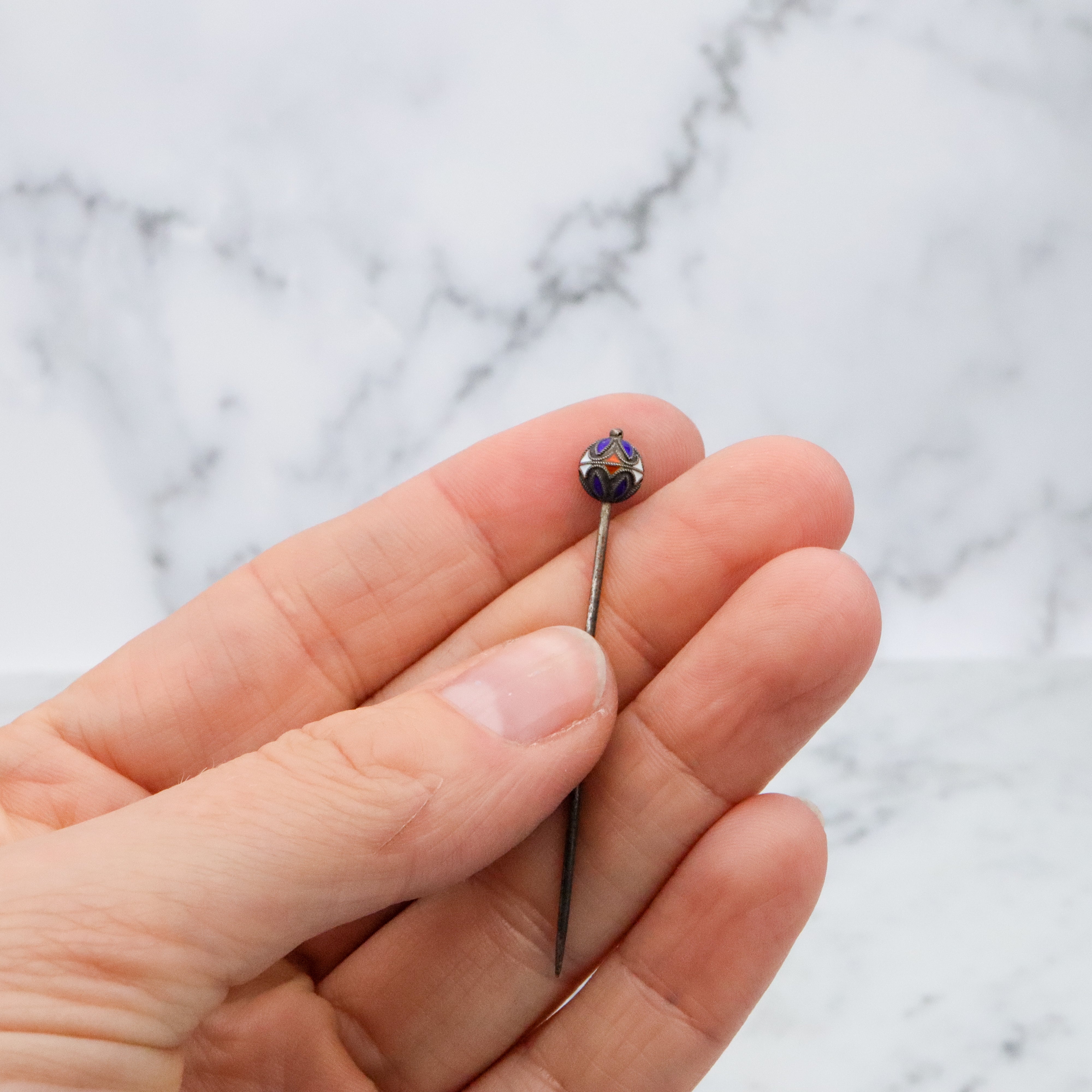 Antique Chinese silver enamel bead stick pin