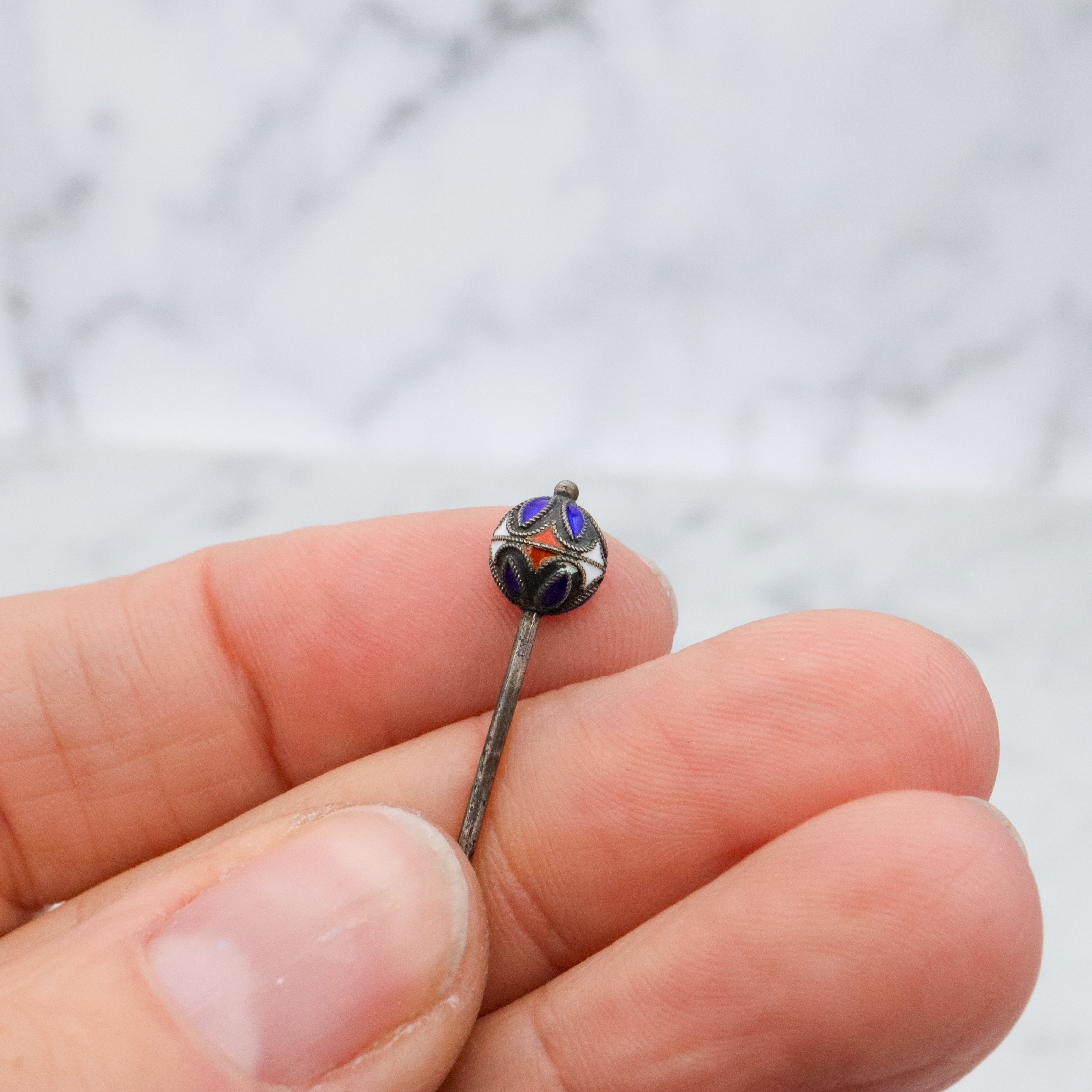 Antique Chinese silver enamel bead stick pin