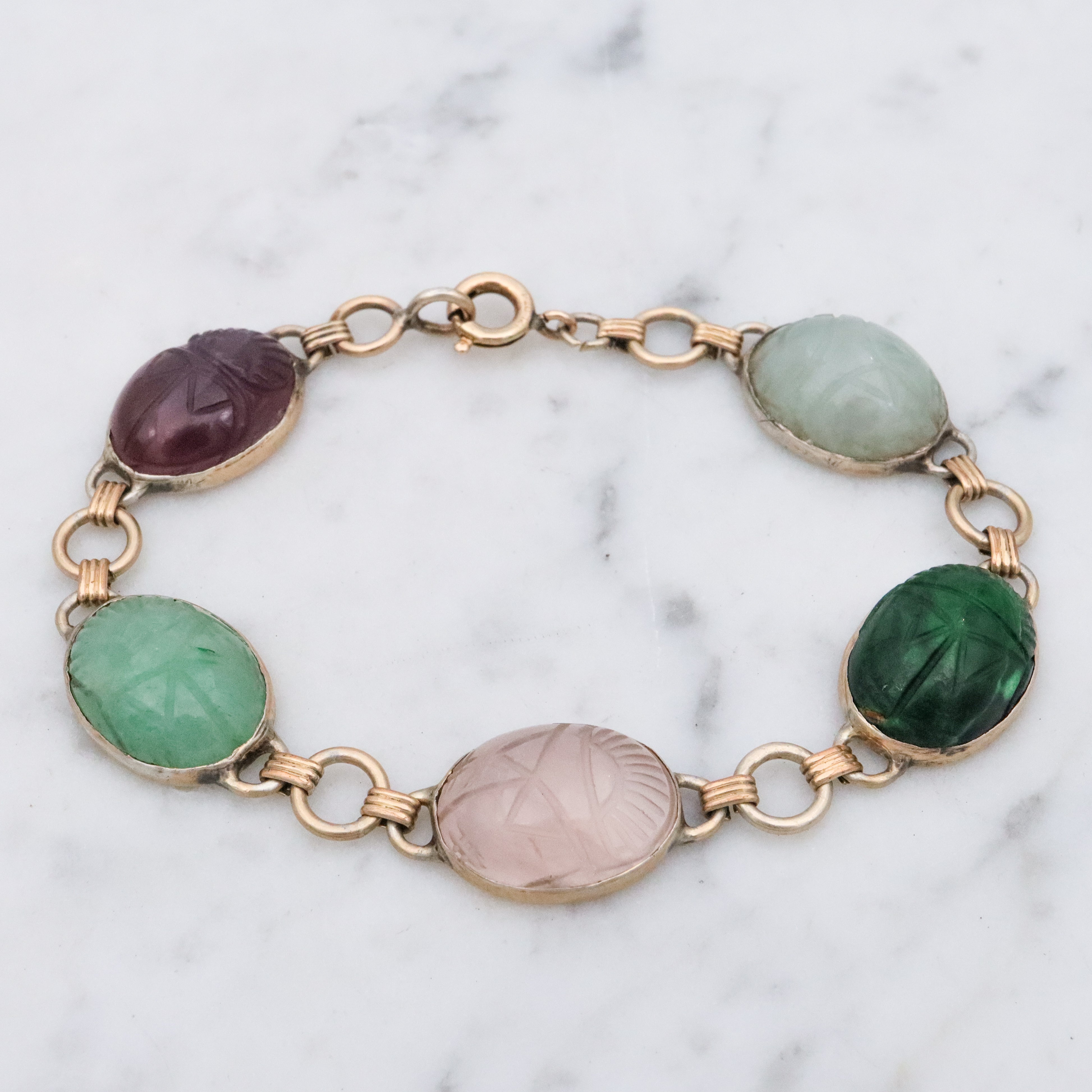 Retro 70s gilt sterling carved stone scarab link bracelet