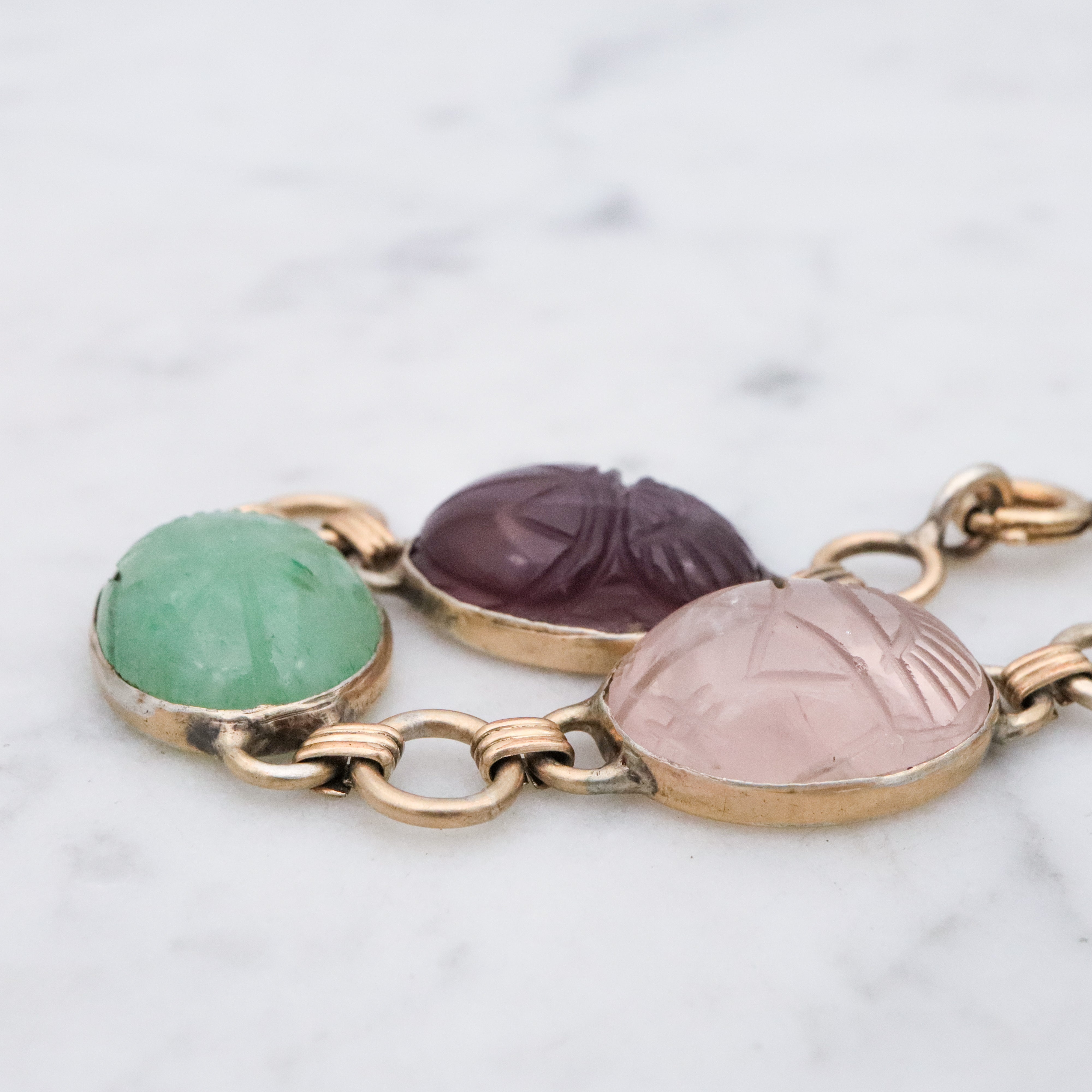 Retro 70s gilt sterling carved stone scarab link bracelet