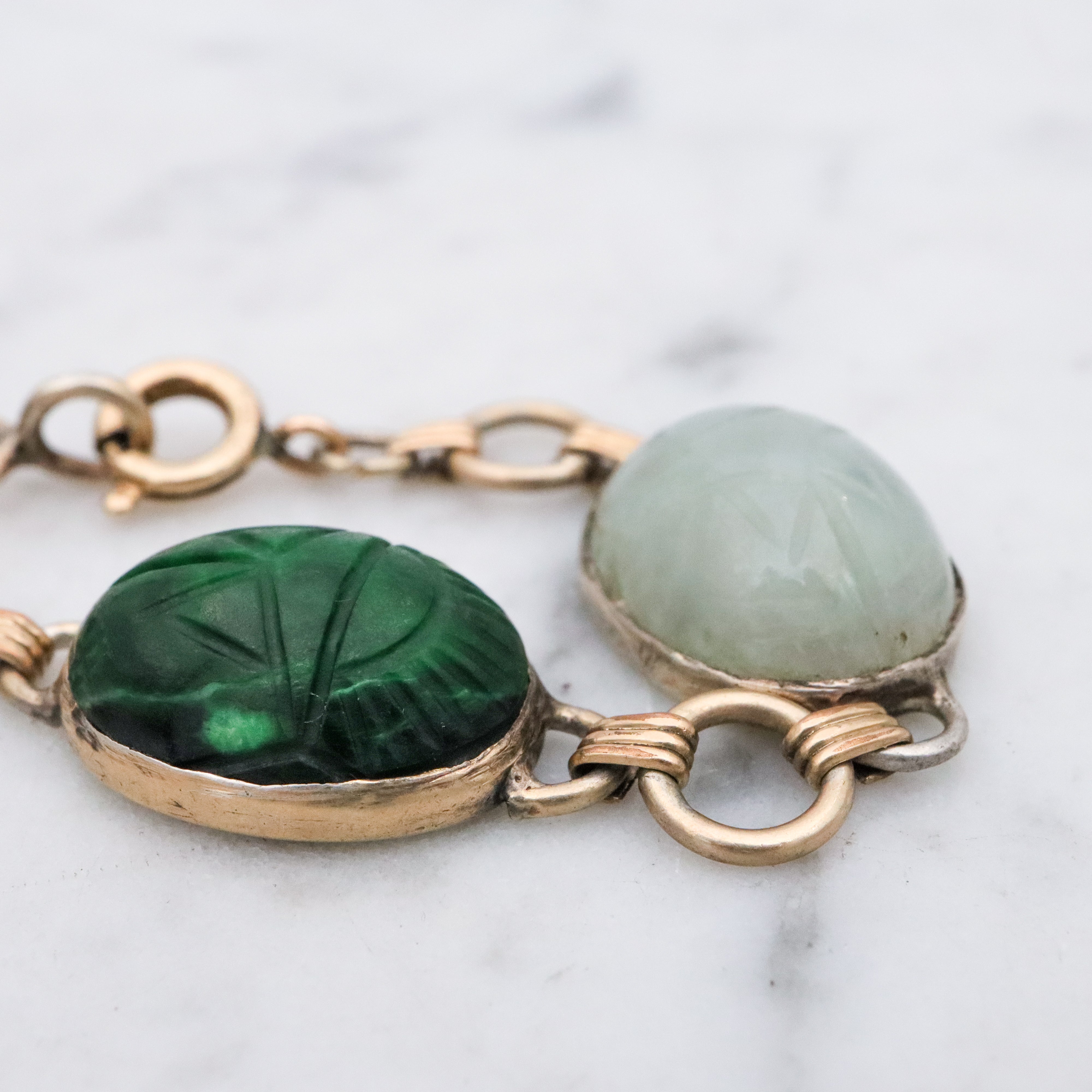 Retro 70s gilt sterling carved stone scarab link bracelet
