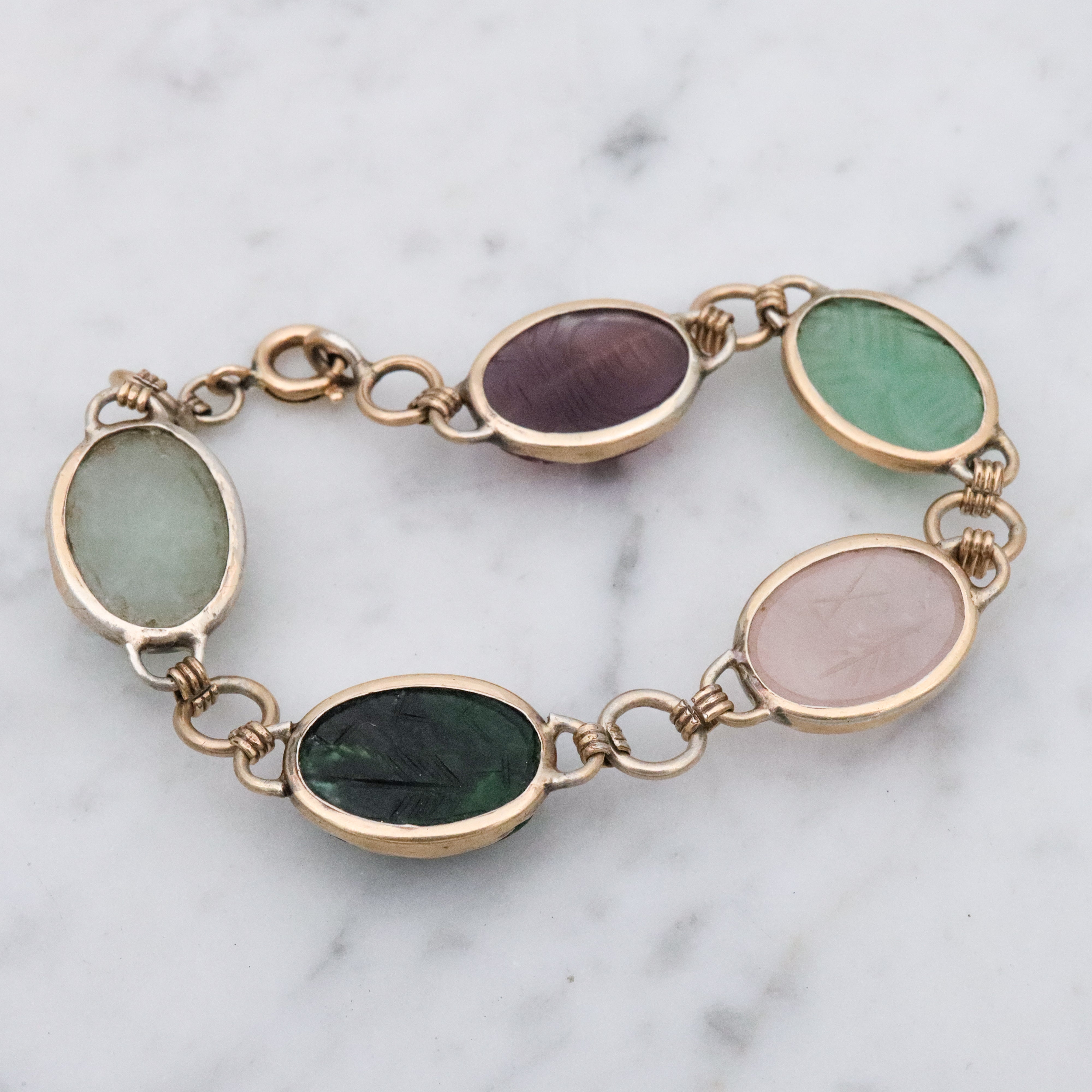 Retro 70s gilt sterling carved stone scarab link bracelet