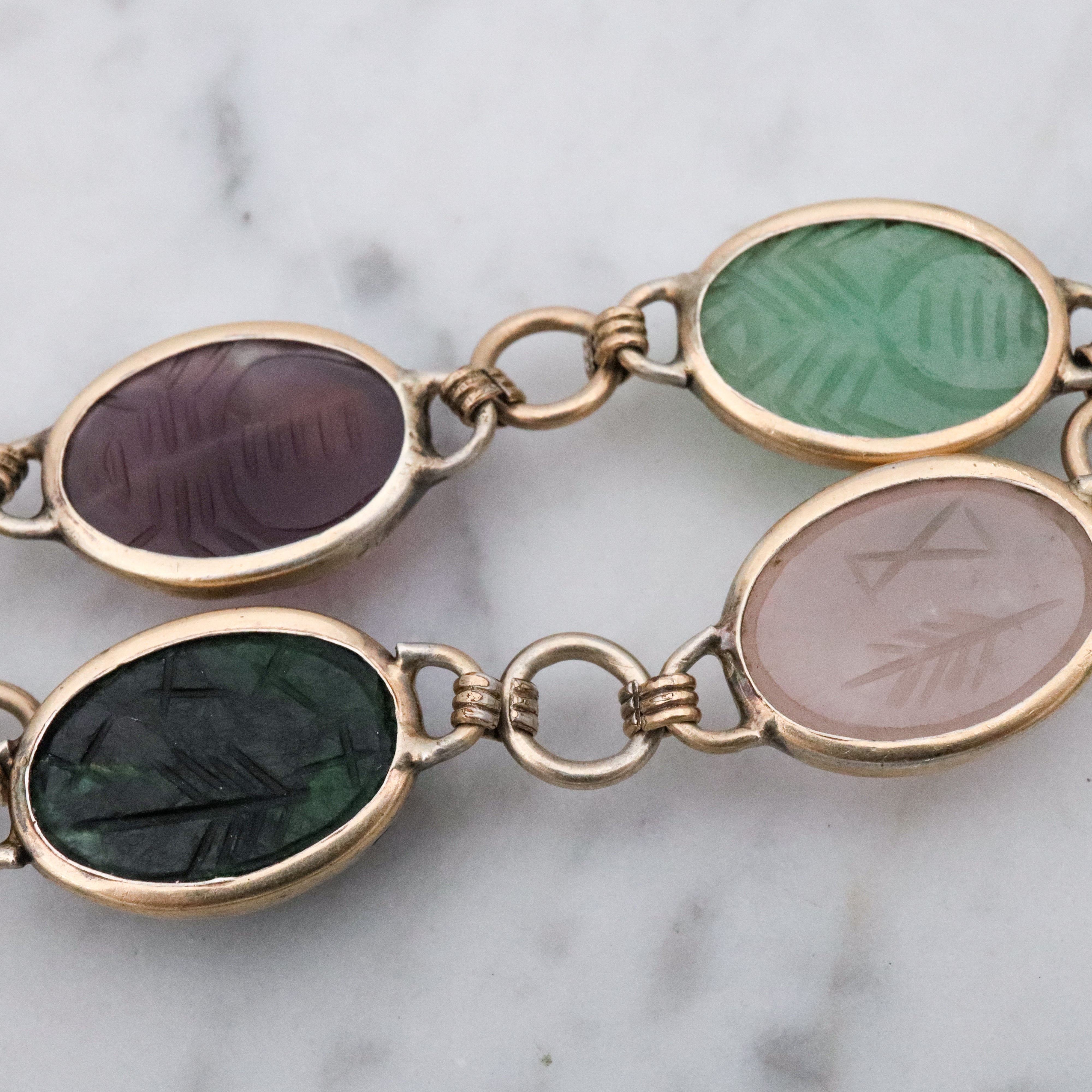 Retro 70s gilt sterling carved stone scarab link bracelet