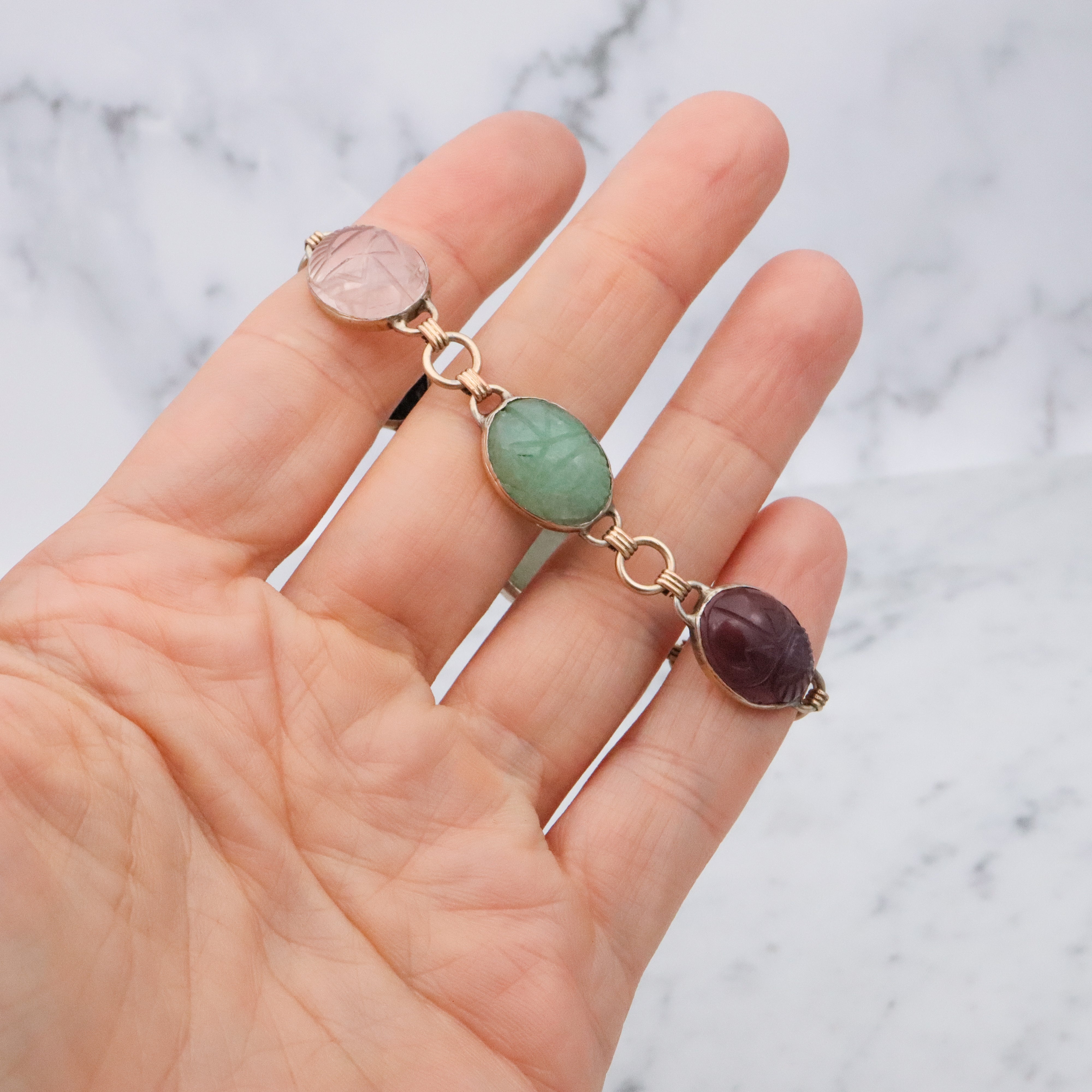 Retro 70s gilt sterling carved stone scarab link bracelet