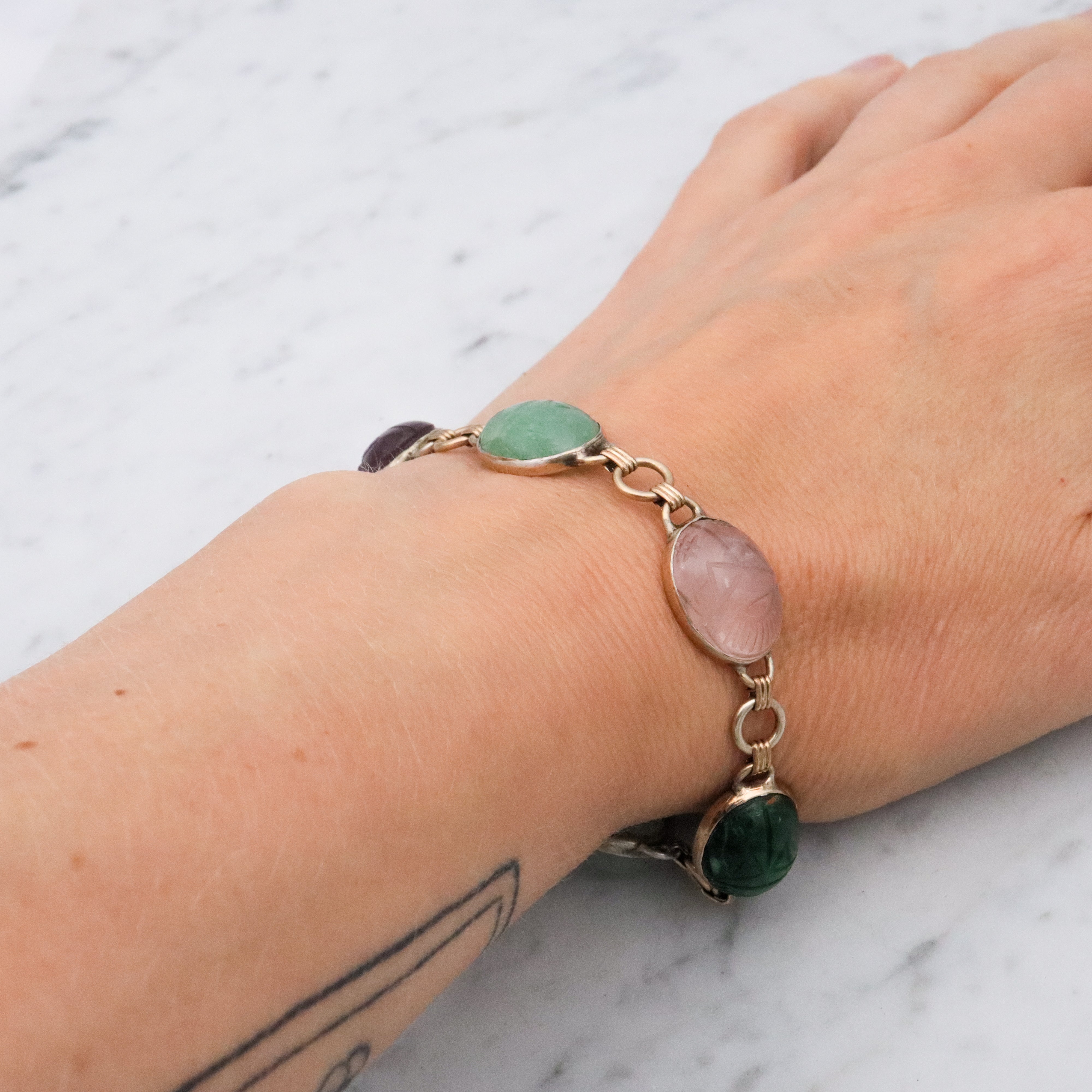 Retro 70s gilt sterling carved stone scarab link bracelet