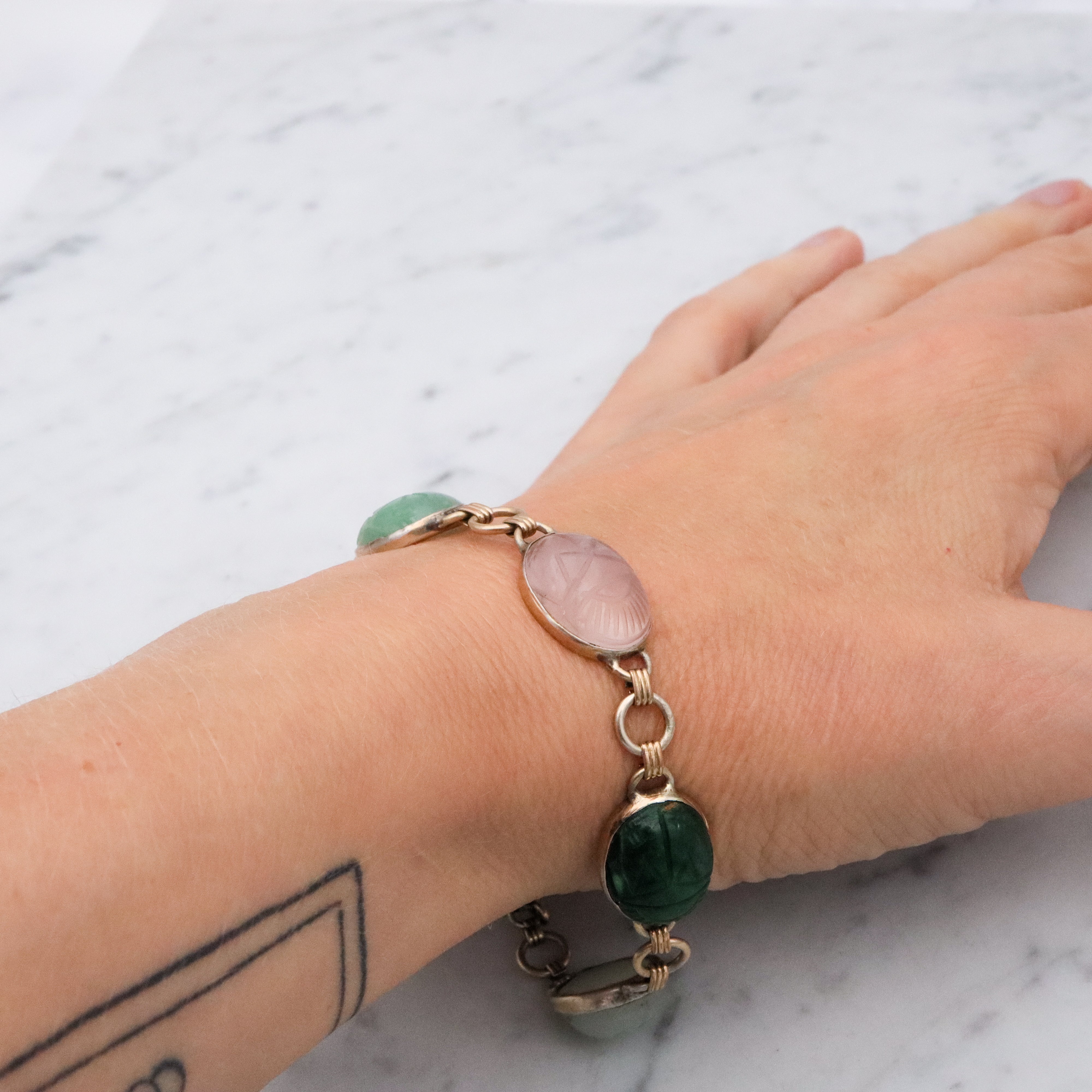 Retro 70s gilt sterling carved stone scarab link bracelet