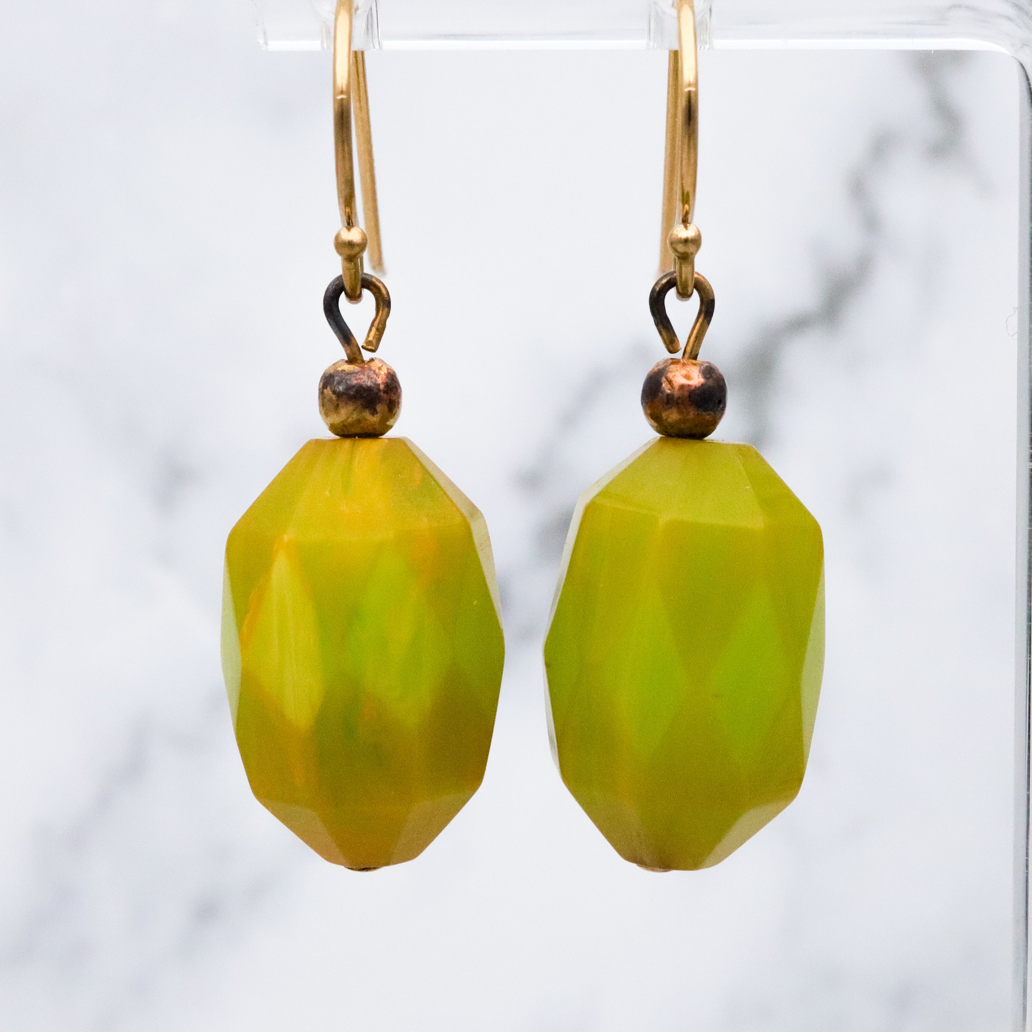 Mid Century chartreuse yellow-green bakelite bead drop earrings