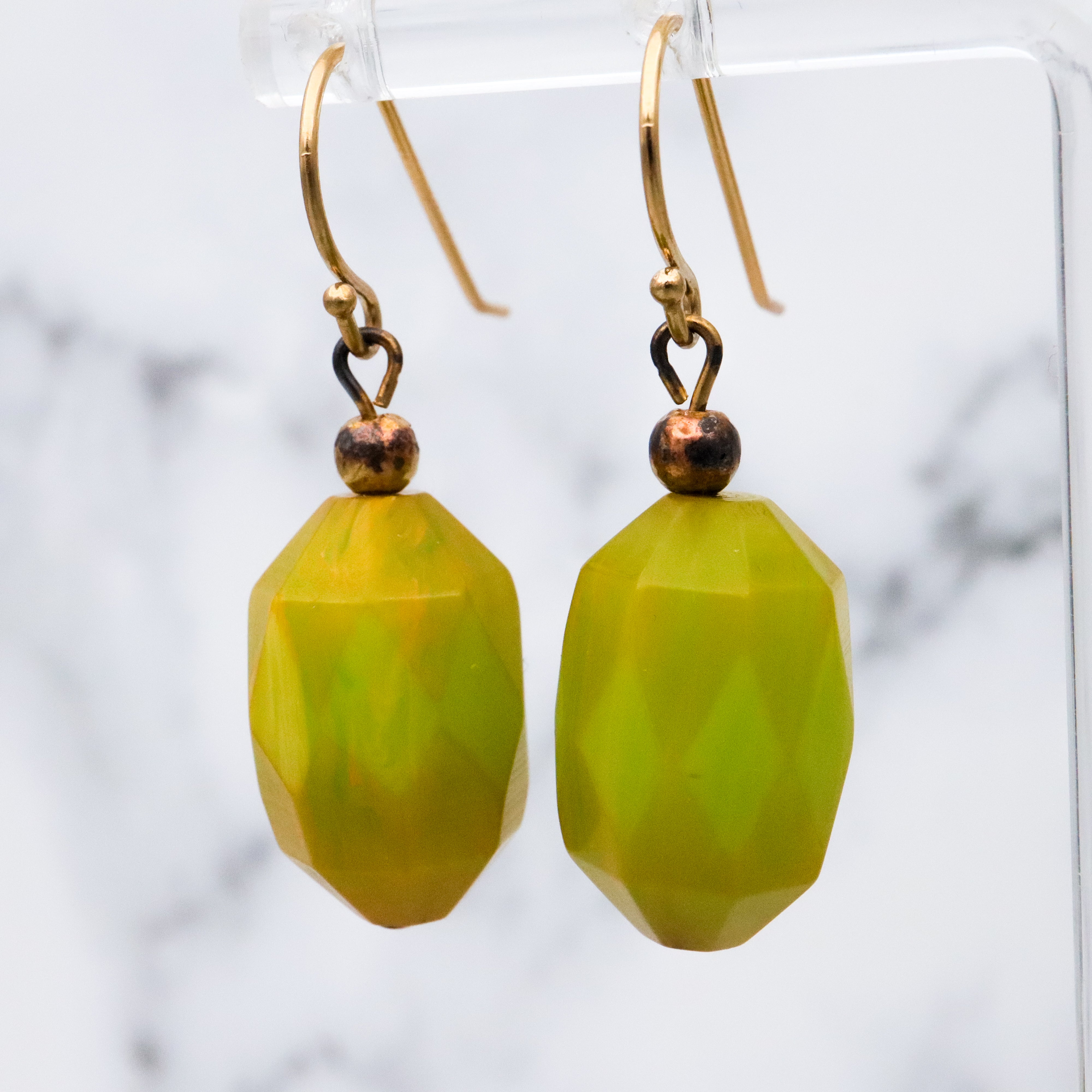 Mid Century chartreuse yellow-green bakelite bead drop earrings
