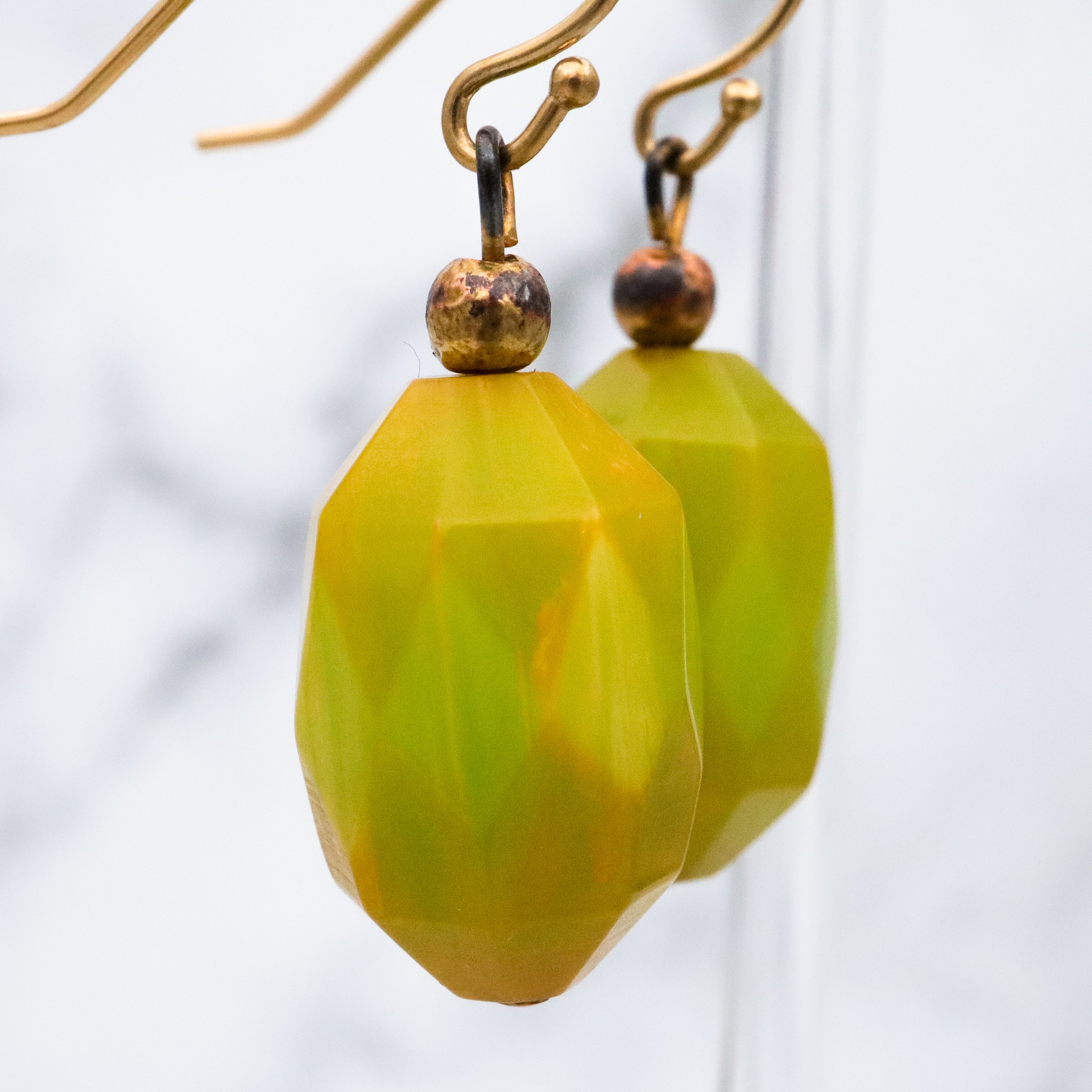 Mid Century chartreuse yellow-green bakelite bead drop earrings