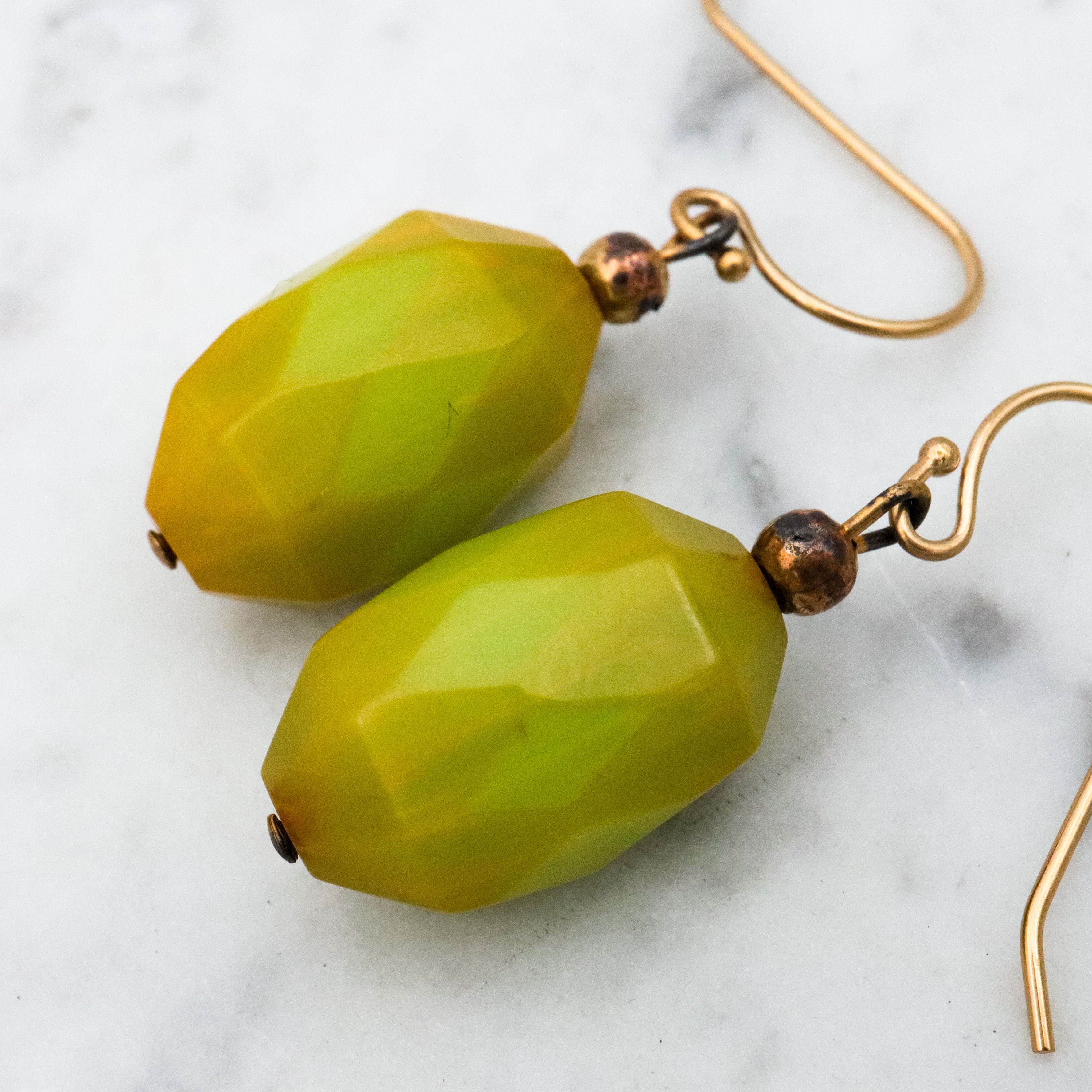 Mid Century chartreuse yellow-green bakelite bead drop earrings