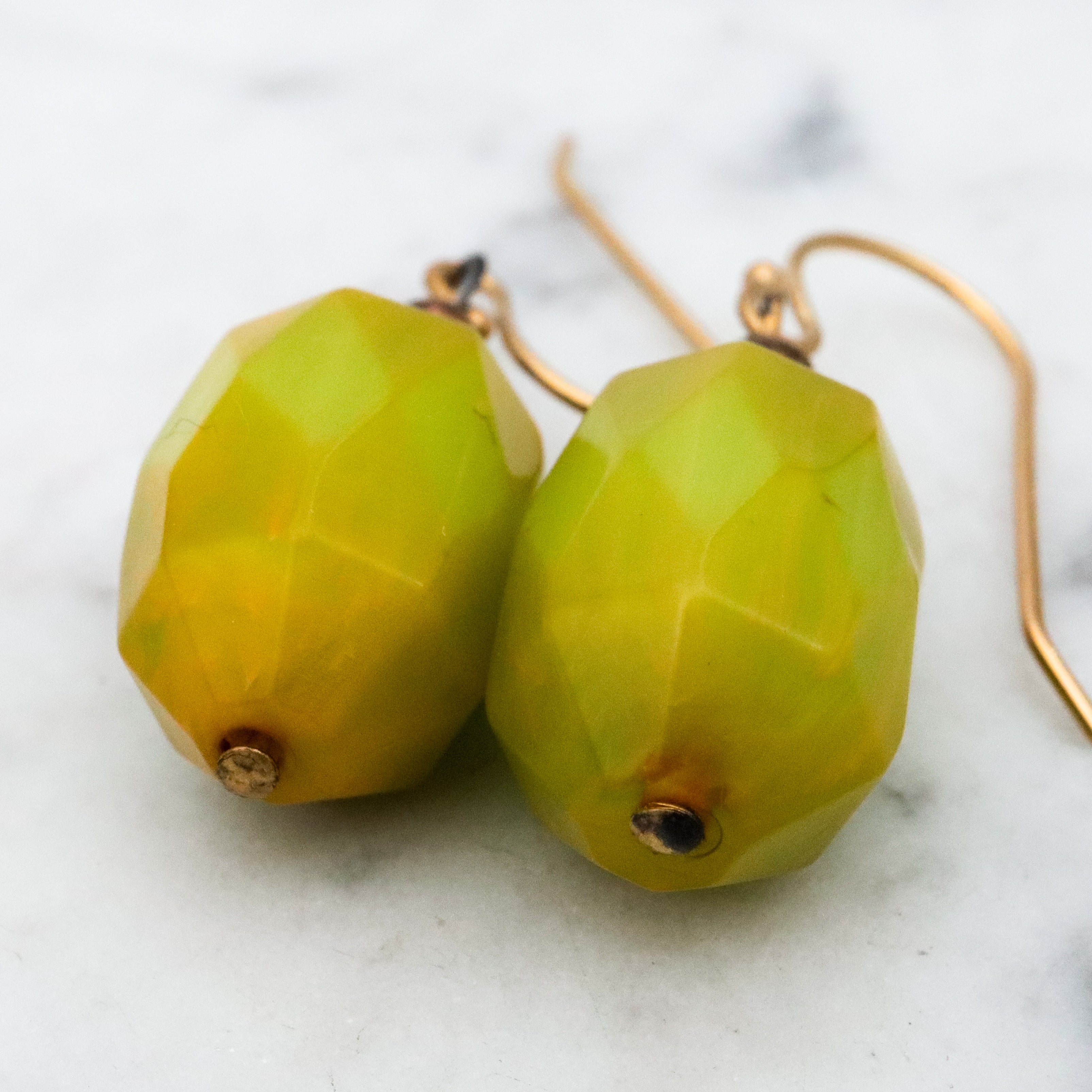 Mid Century chartreuse yellow-green bakelite bead drop earrings