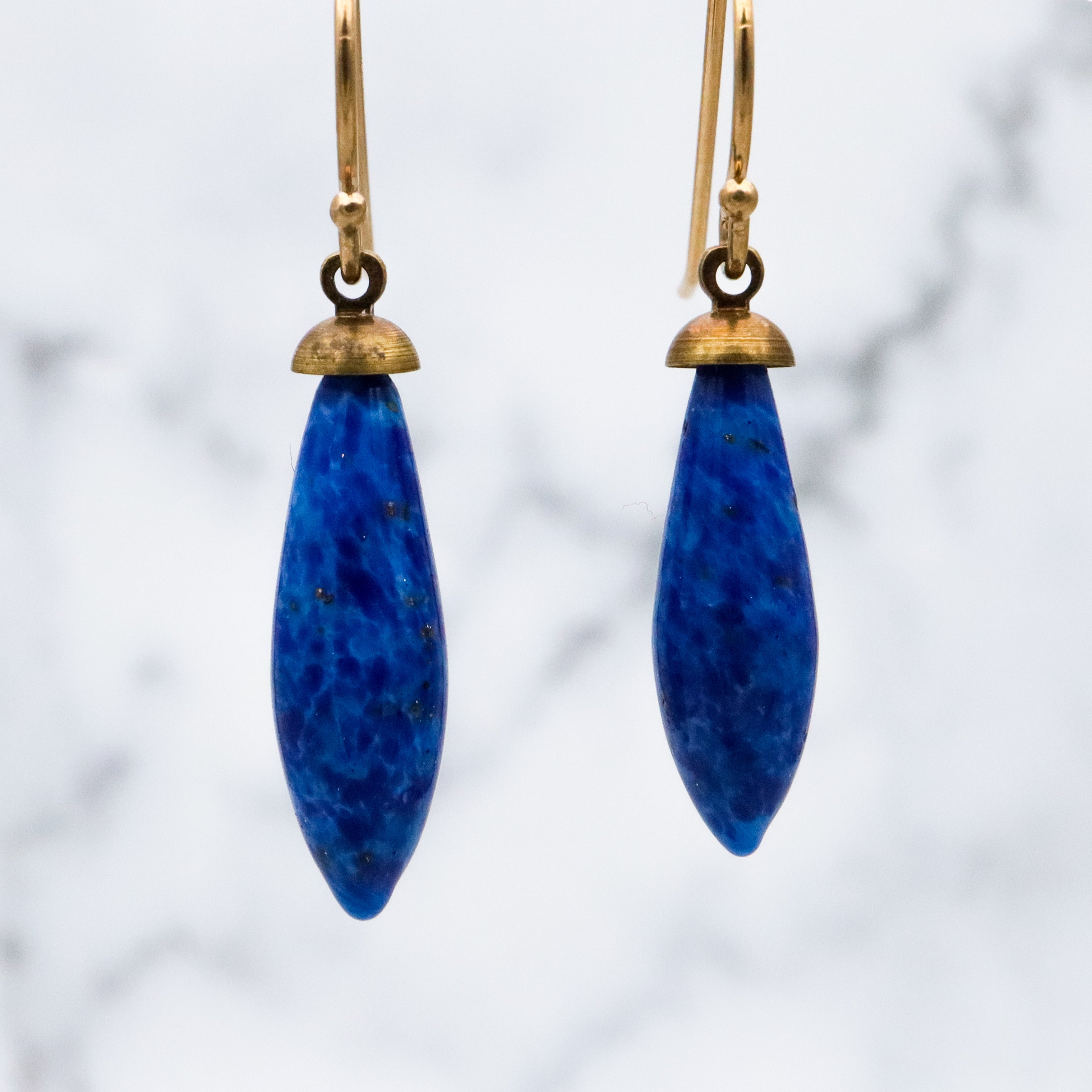 Antique Art Deco lapis art glass torpedo drop asymmetrical earrings