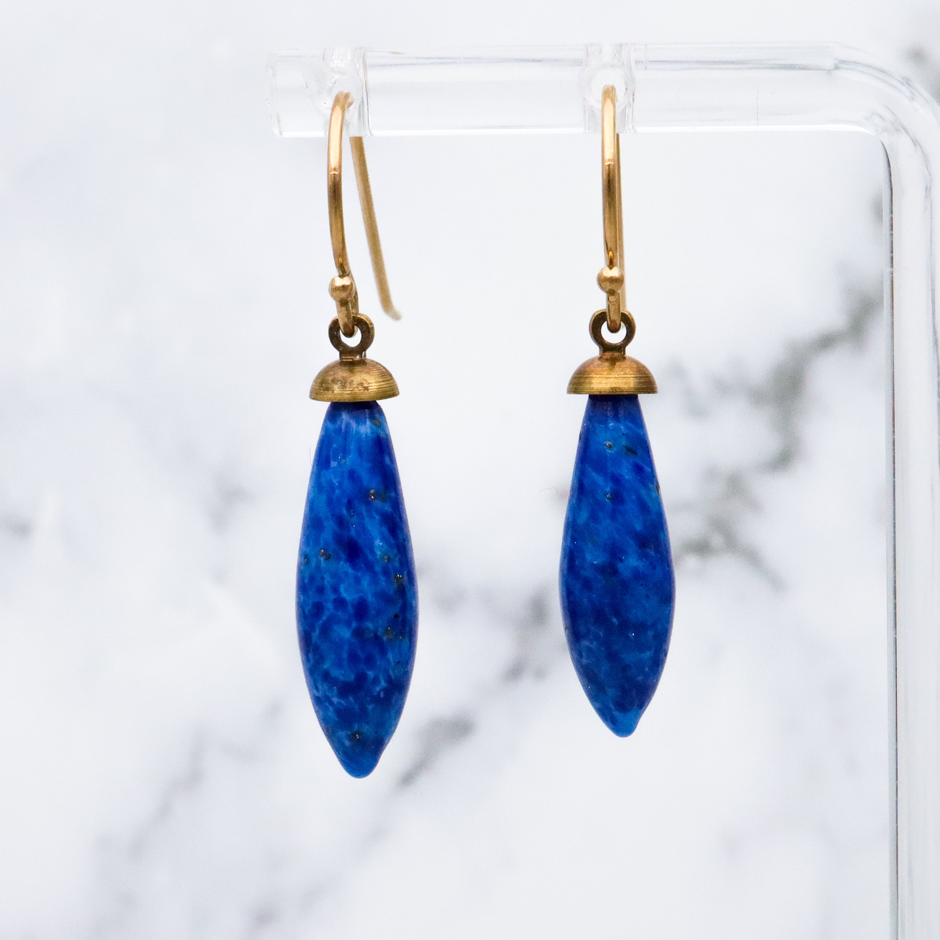 Antique Art Deco lapis art glass torpedo drop asymmetrical earrings