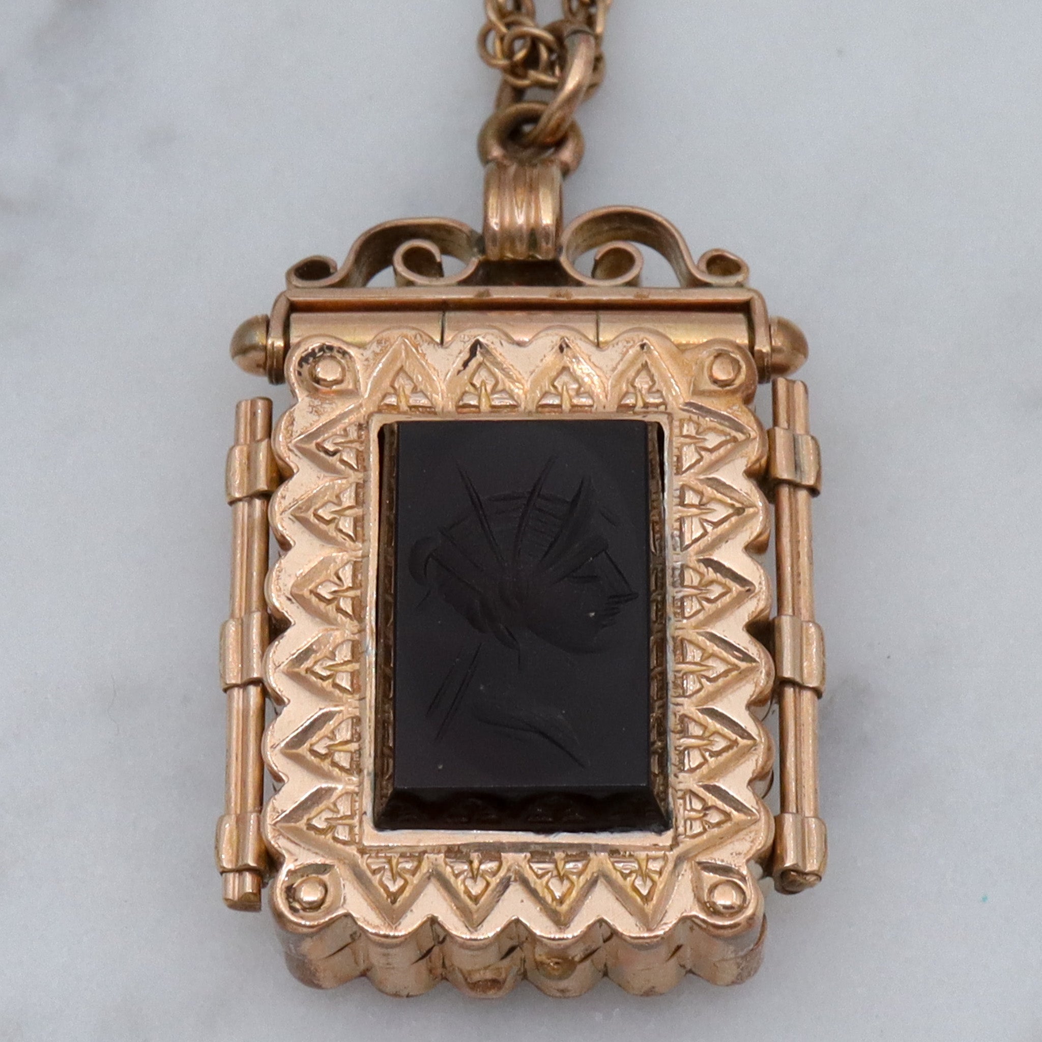 Antique Victorian gold filled, double sided intaglio locket necklace