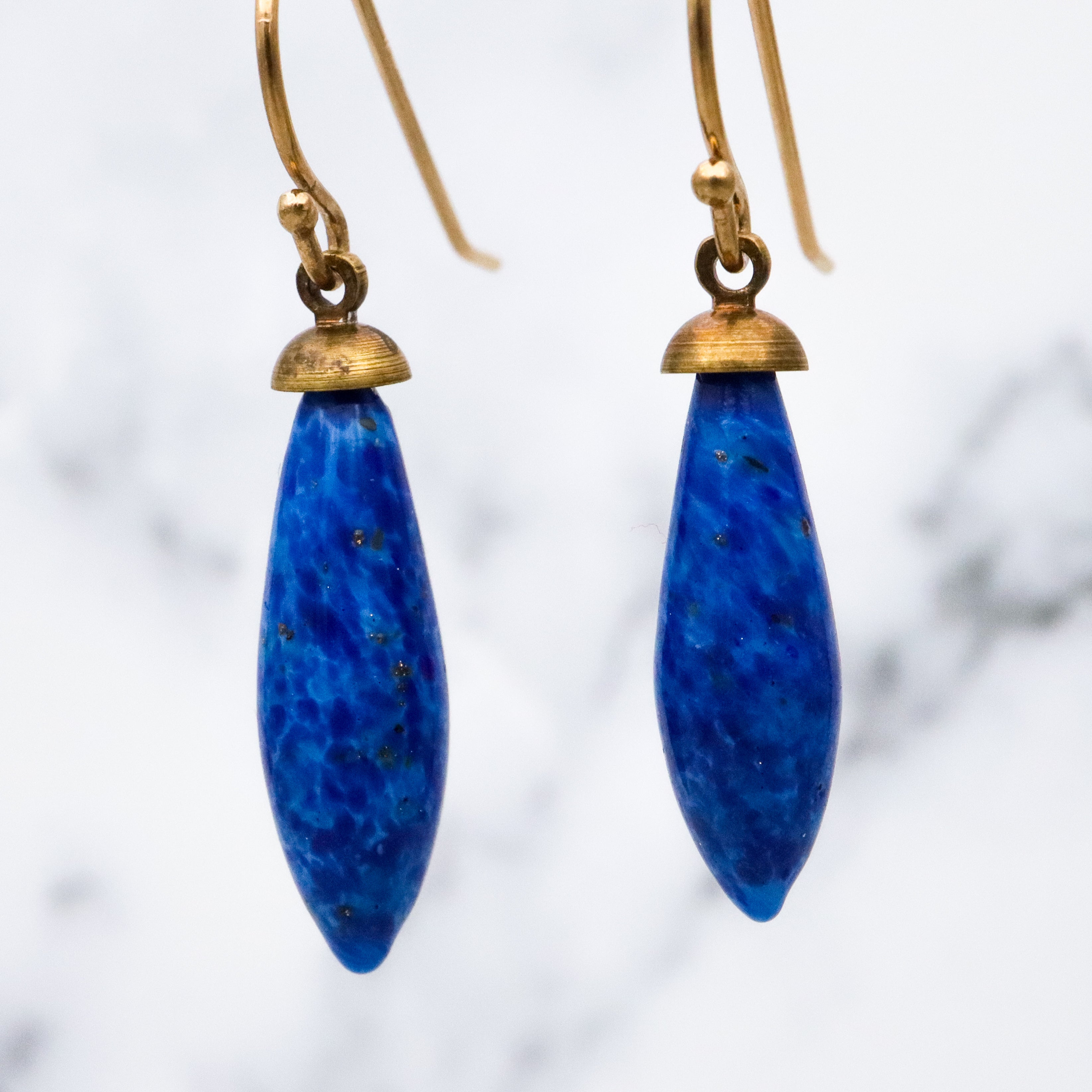 Antique Art Deco lapis art glass torpedo drop asymmetrical earrings