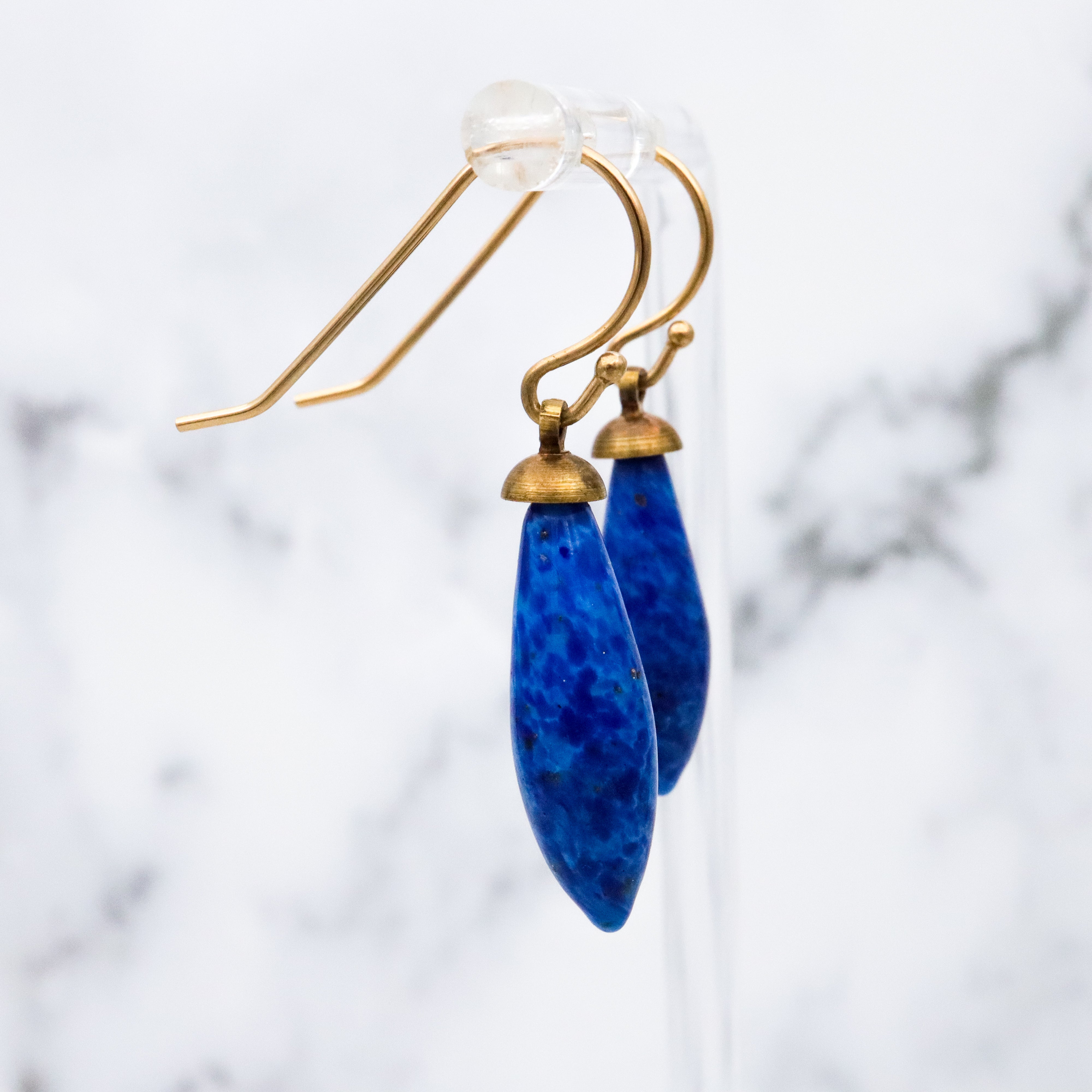 Antique Art Deco lapis art glass torpedo drop asymmetrical earrings