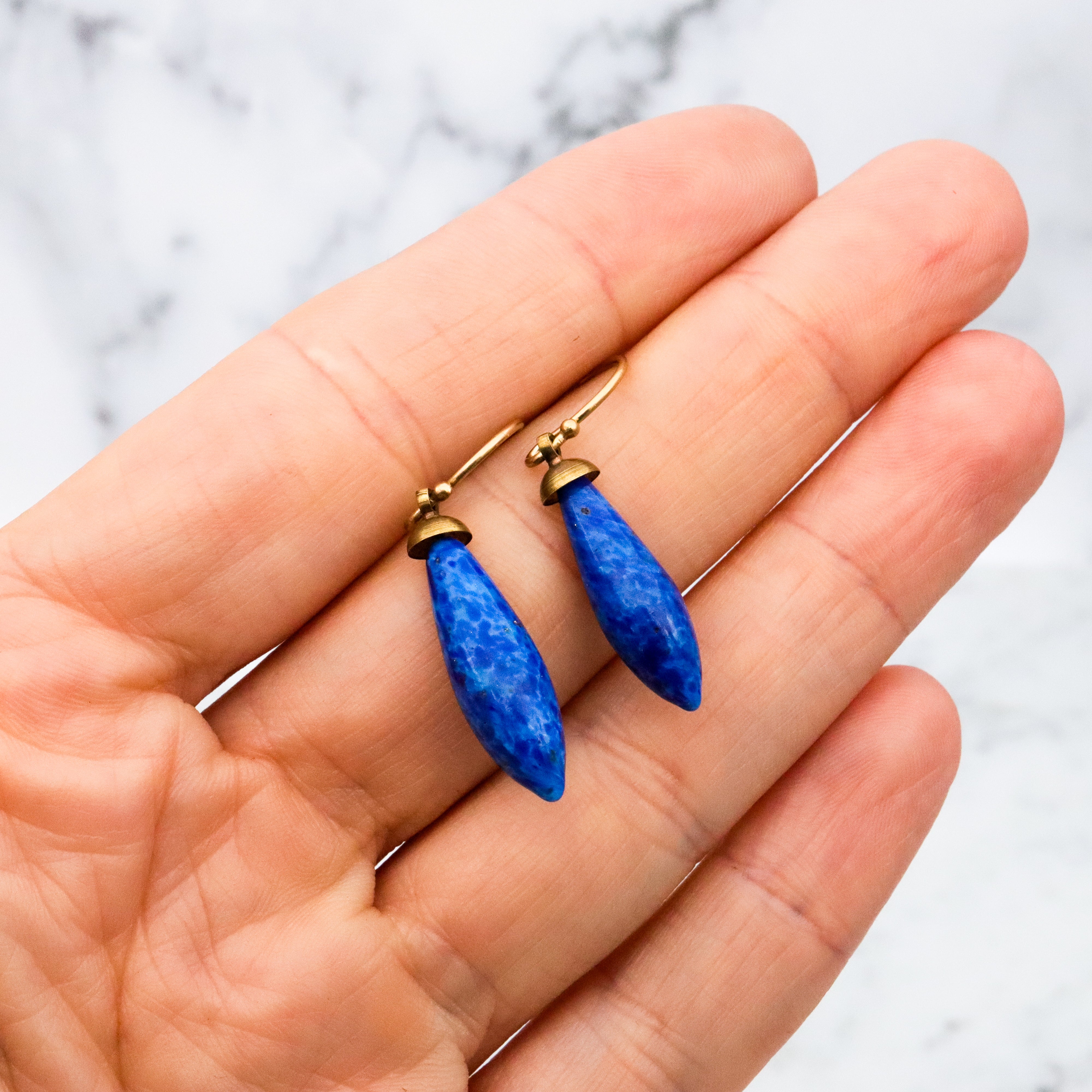 Antique Art Deco lapis art glass torpedo drop asymmetrical earrings