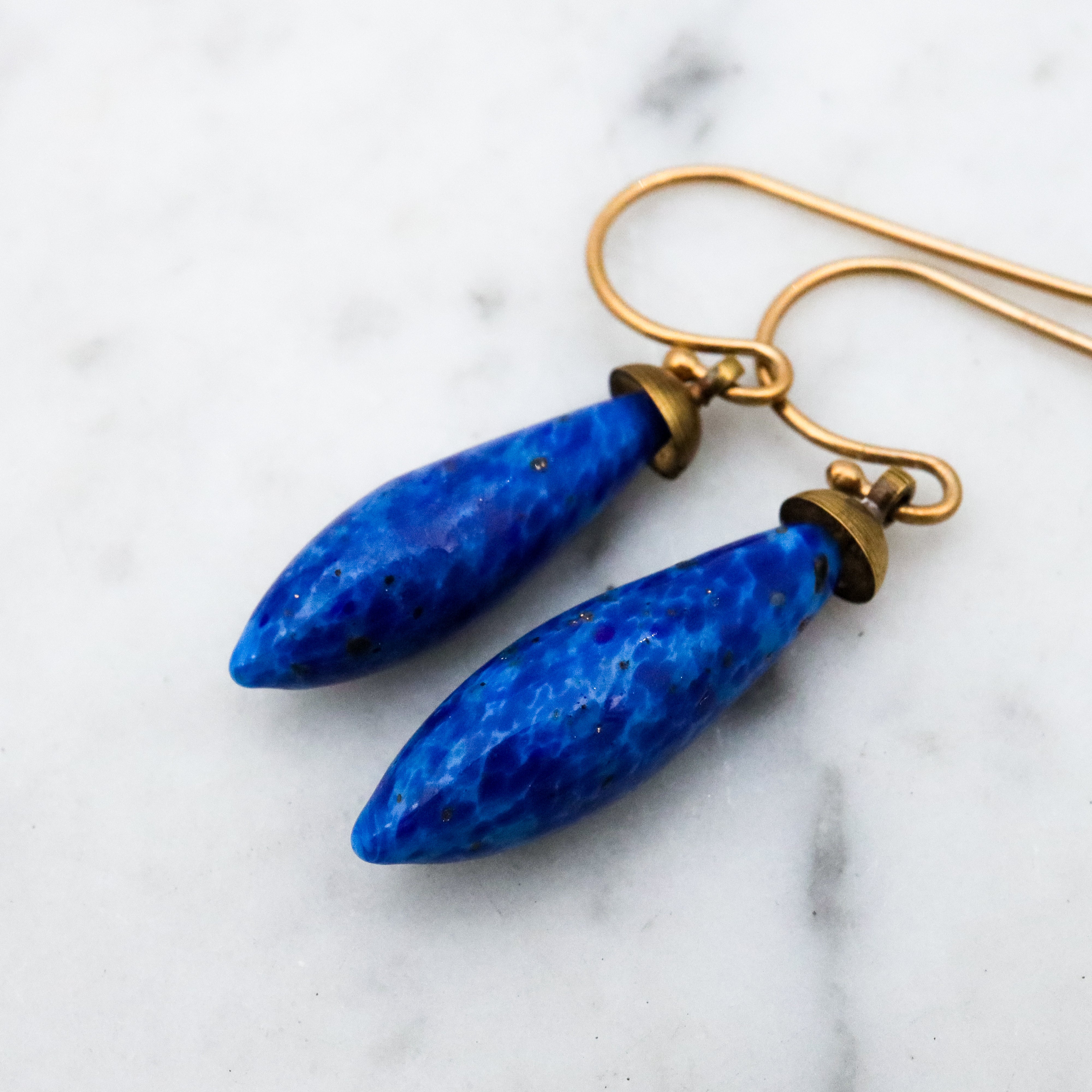Antique Art Deco lapis art glass torpedo drop asymmetrical earrings